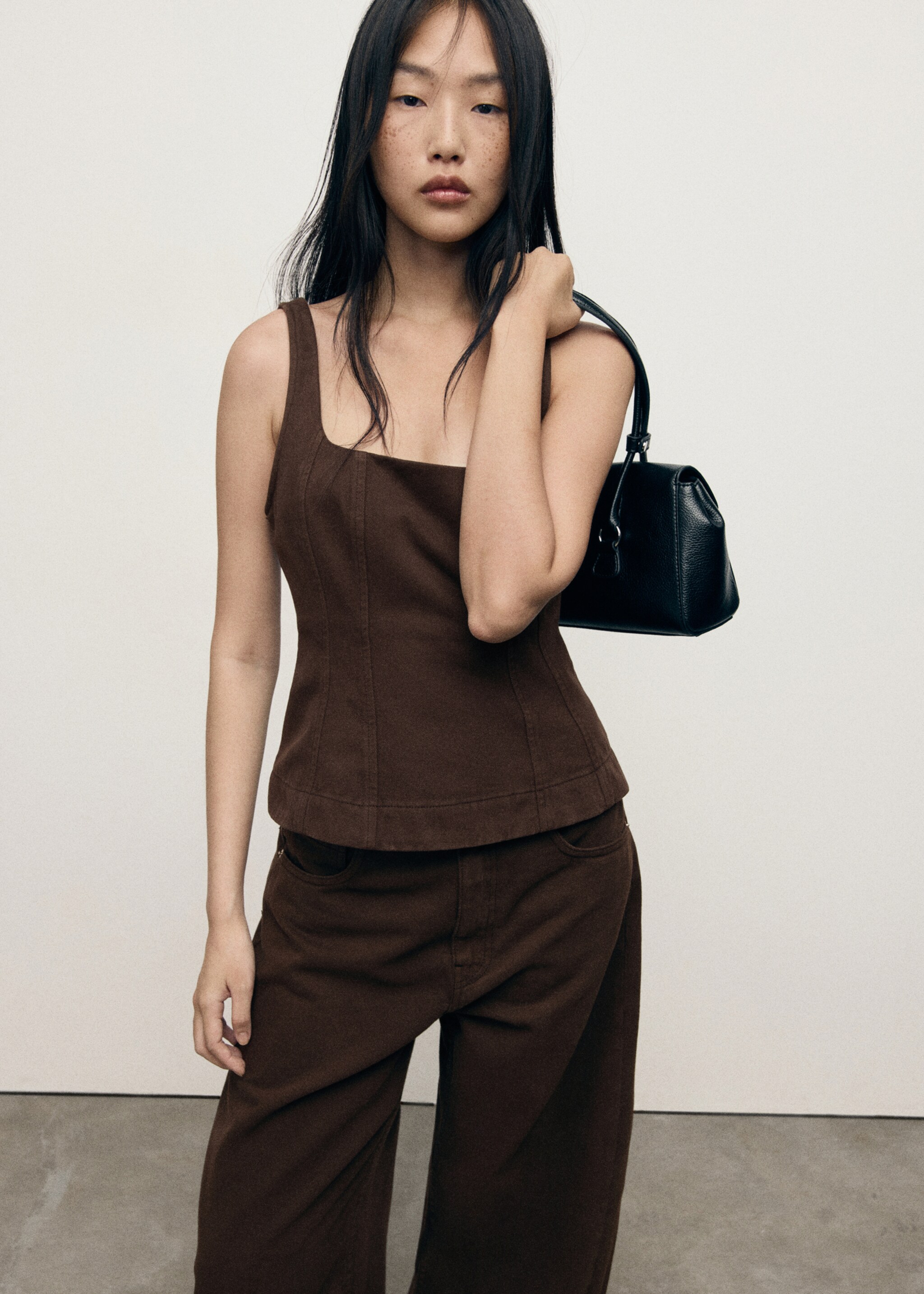 Flared denim top - Medium plane, Chocolate. Ref: 17094140-00.