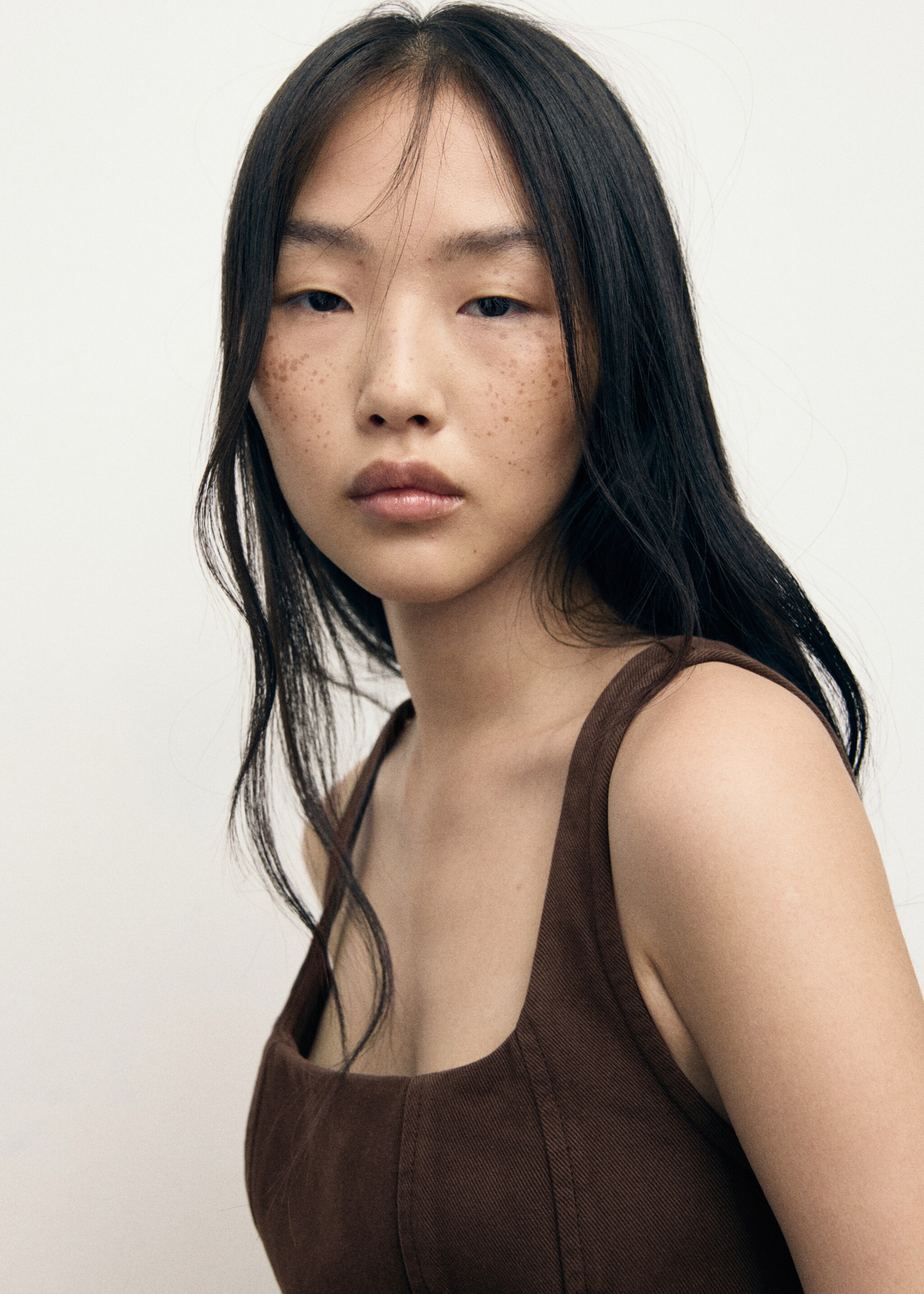 Flared denim top - Details of the article 1, Chocolate. Ref: 17094140-00.