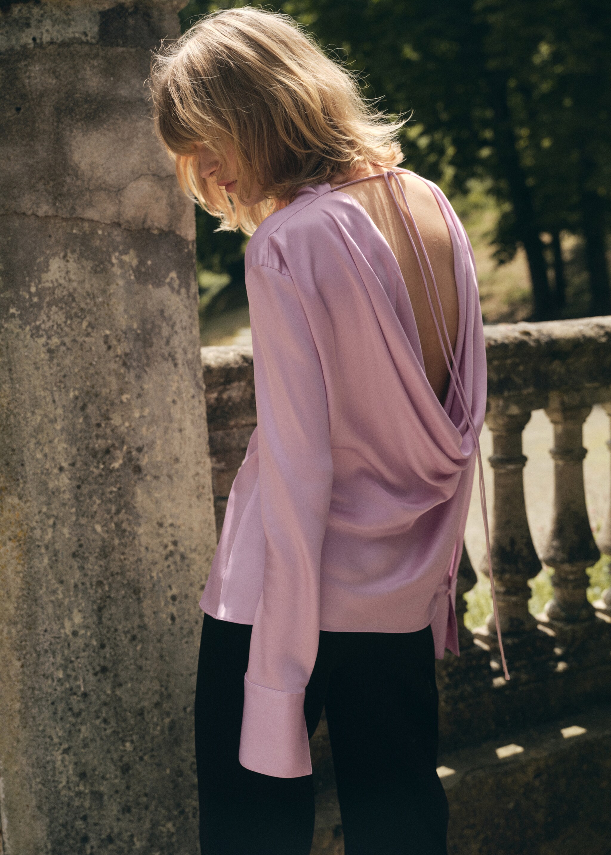Satin blouse with draped back - Medium plane, Pale Pink. Ref: 17094144-00.