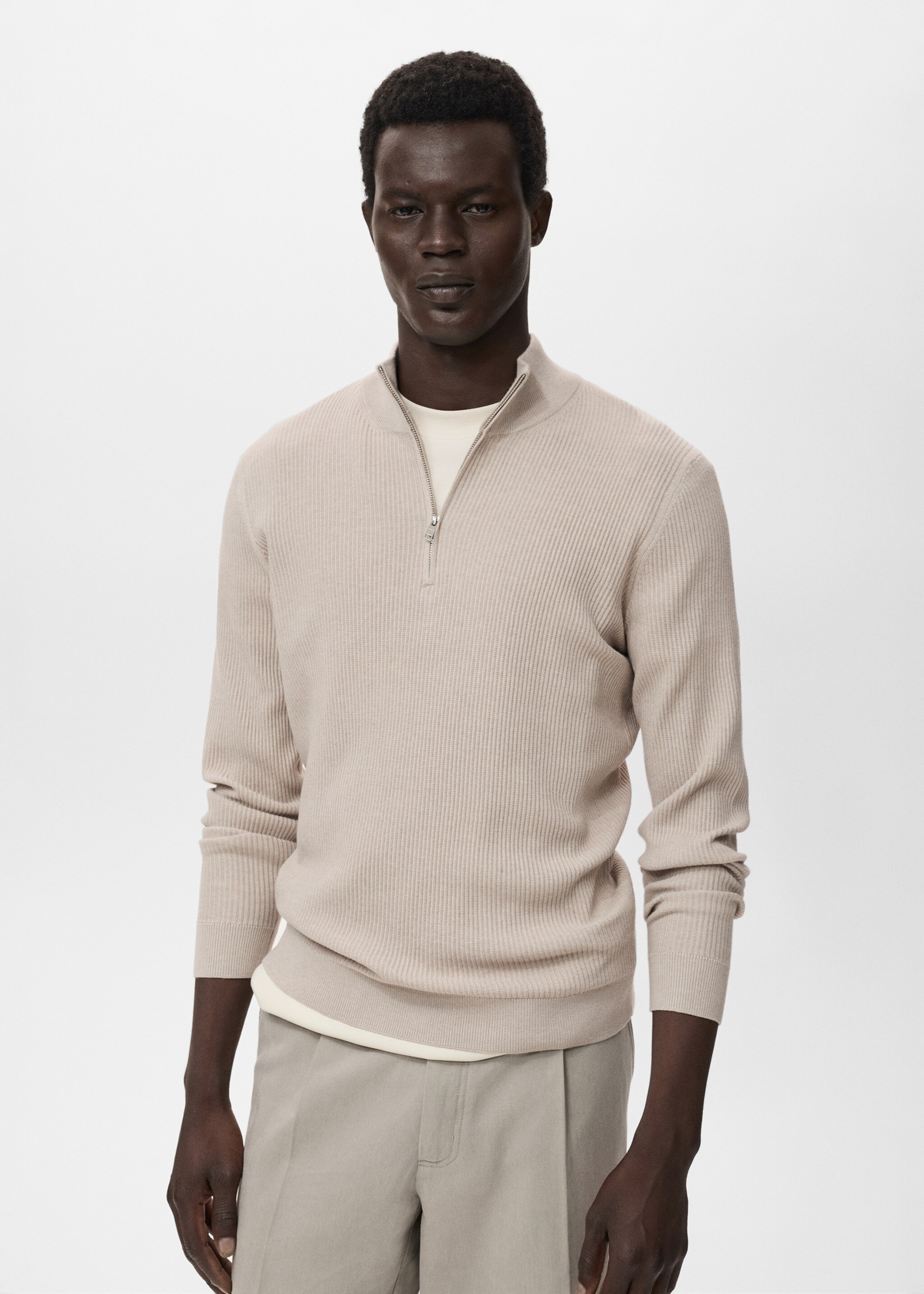 Ribbed sweater with zip neck - Medium plane, Beige. Ref: 17094427-00.