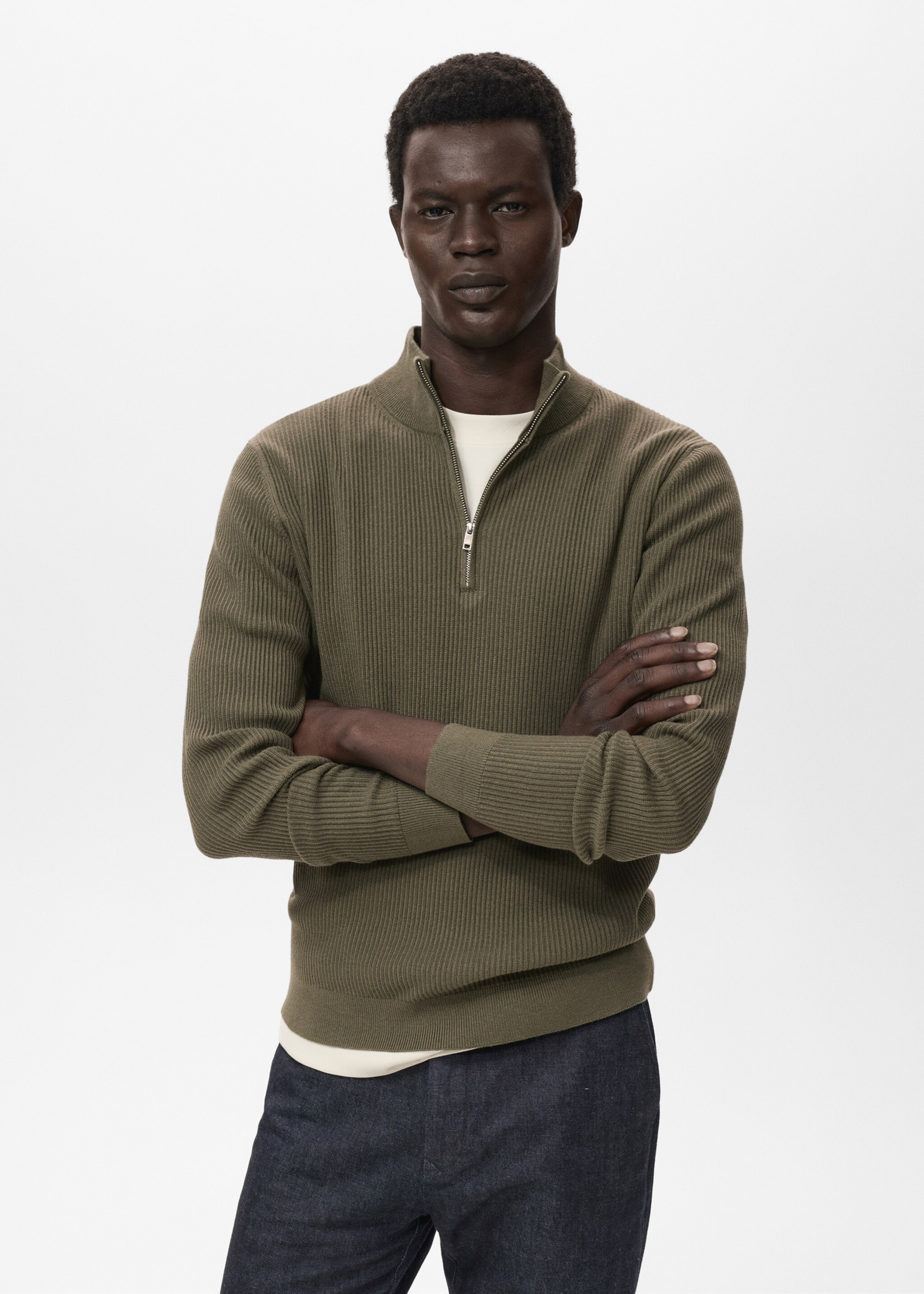 Ribbed sweater with zip neck - Medium plane, Olive Green. Ref: 17094427-00.