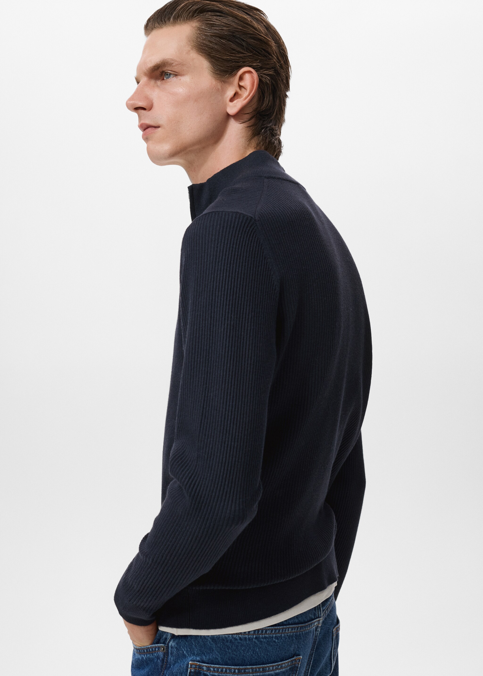 Pull-over maille côtelée col zippé - Détail de l'article 2, Bleu marine. Ref: 17094427-00.