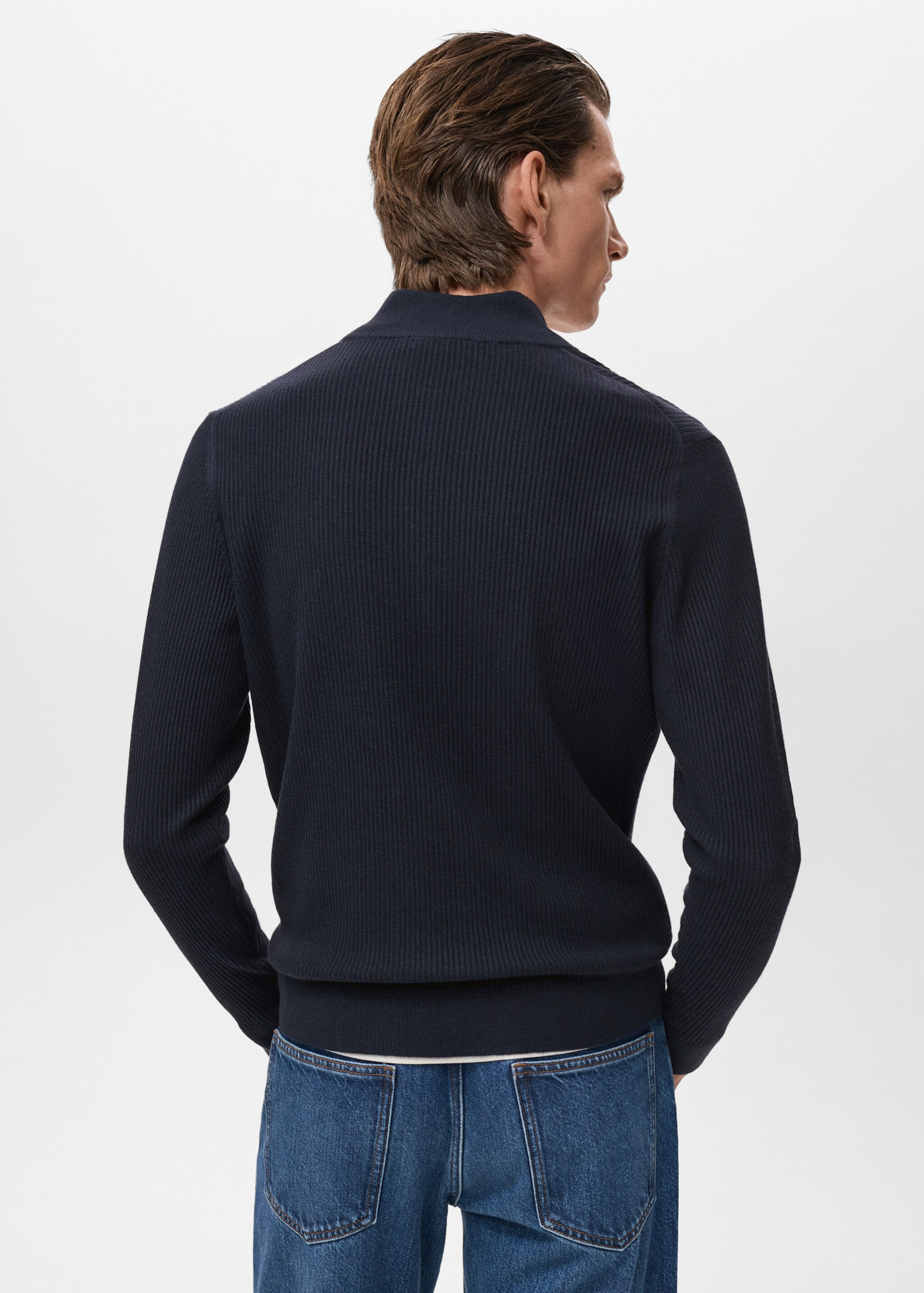 Pull-over maille côtelée col zippé - Verso de l’article, Bleu marine. Ref: 17094427-00.