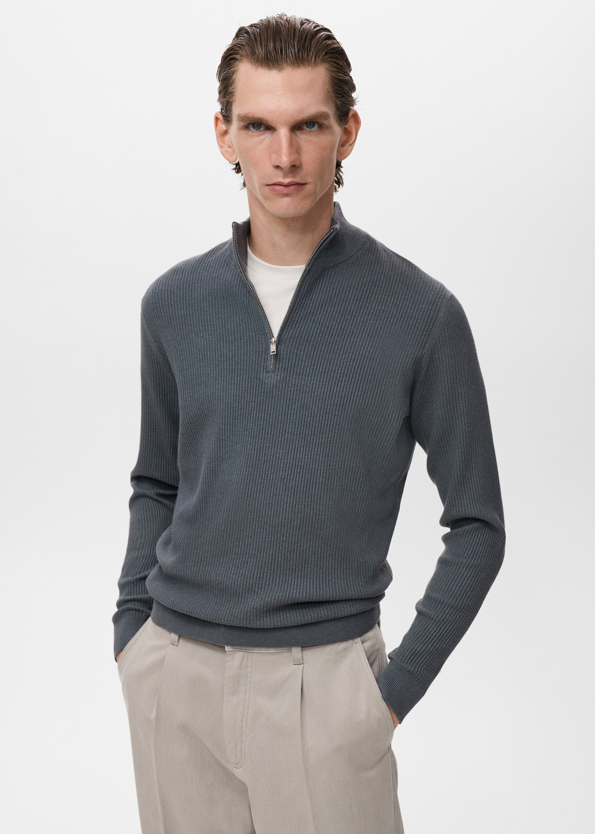 Ribbed sweater with zip neck - Medium plane, Dark Grey. Ref: 17094427-00.