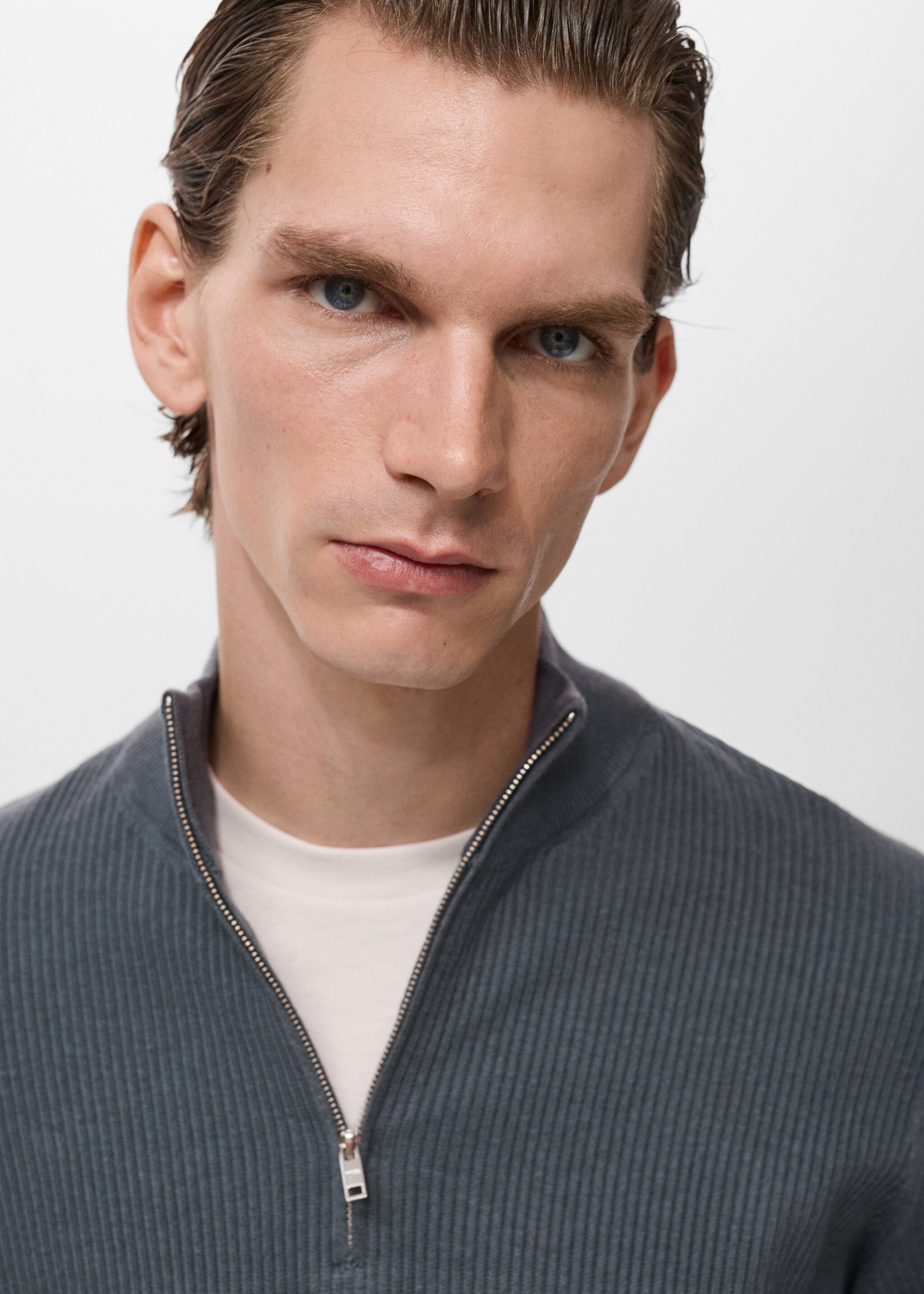 Ribbed sweater with zip neck - Details of the article 1, Dark Grey. Ref: 17094427-00.