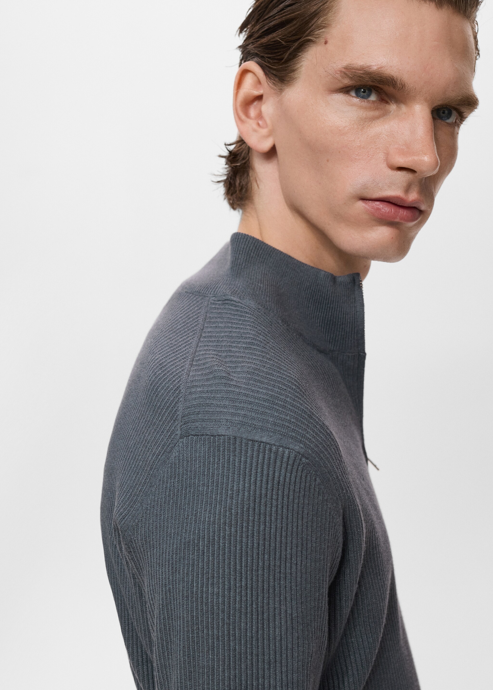 Ribbed sweater with zip neck - Details of the article 2, Dark Grey. Ref: 17094427-00.