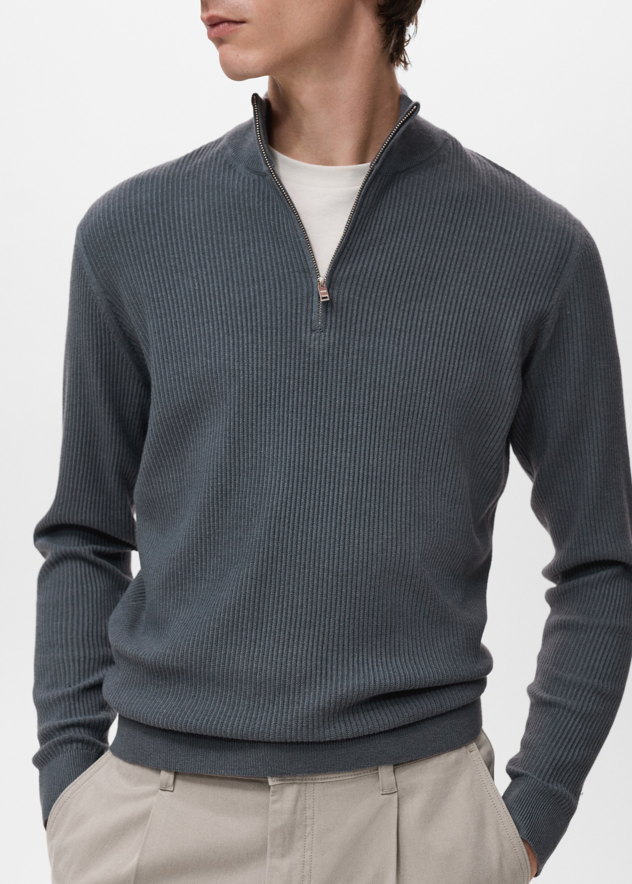 Ribbed sweater with zip neck - Details of the article 6, Dark Grey. Ref: 17094427-00.