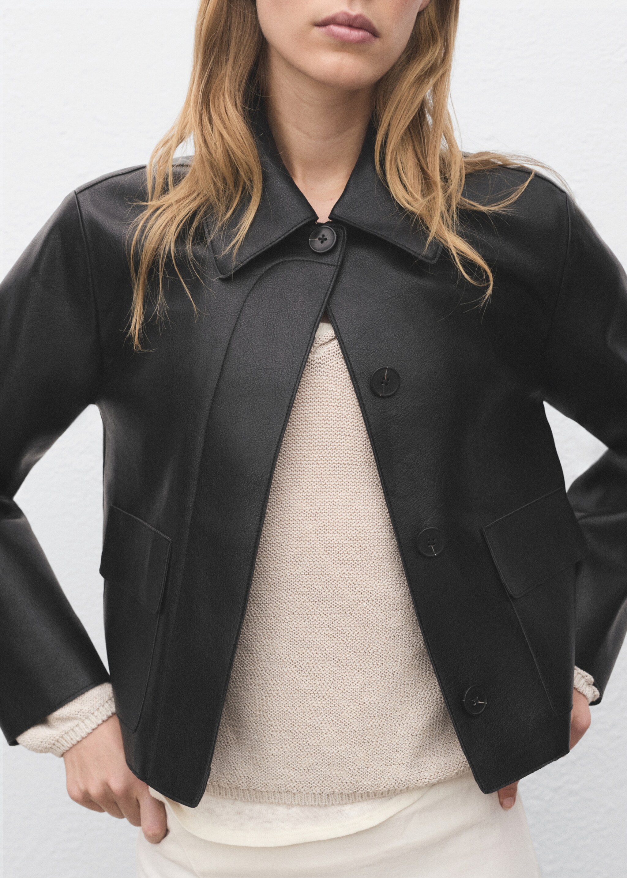Leather-effect jacket with pockets - Medium plane, Black. Ref: 17094433-00.