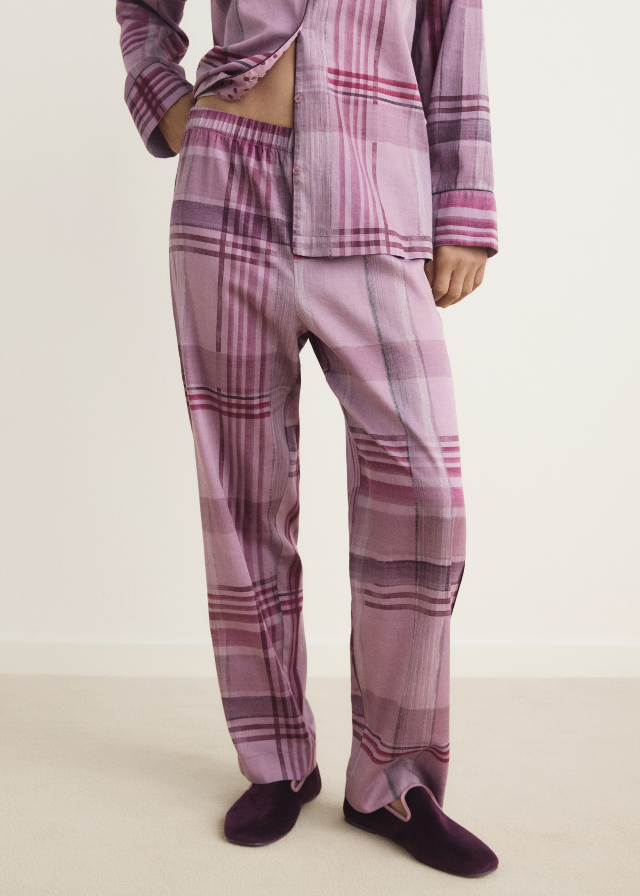 Printed pyjama trousers with piping - Medium plane, Plum. Ref: 17094436-00.