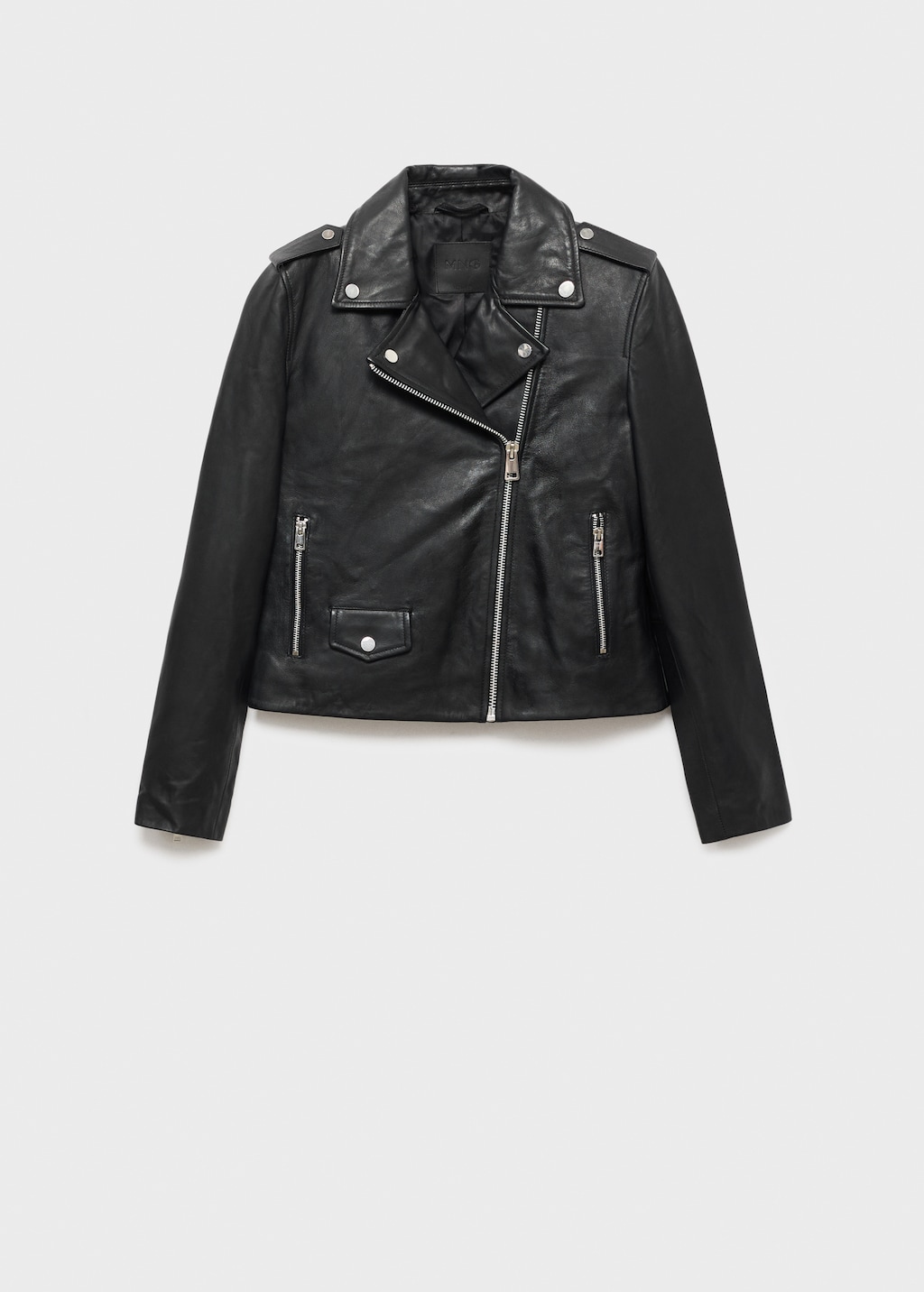 MNG MANGO ノーカラー レザージャケット 羊革 L〜XL レザージャケット .-- MOTO （ブラック） -MANGO - マンゴ公式