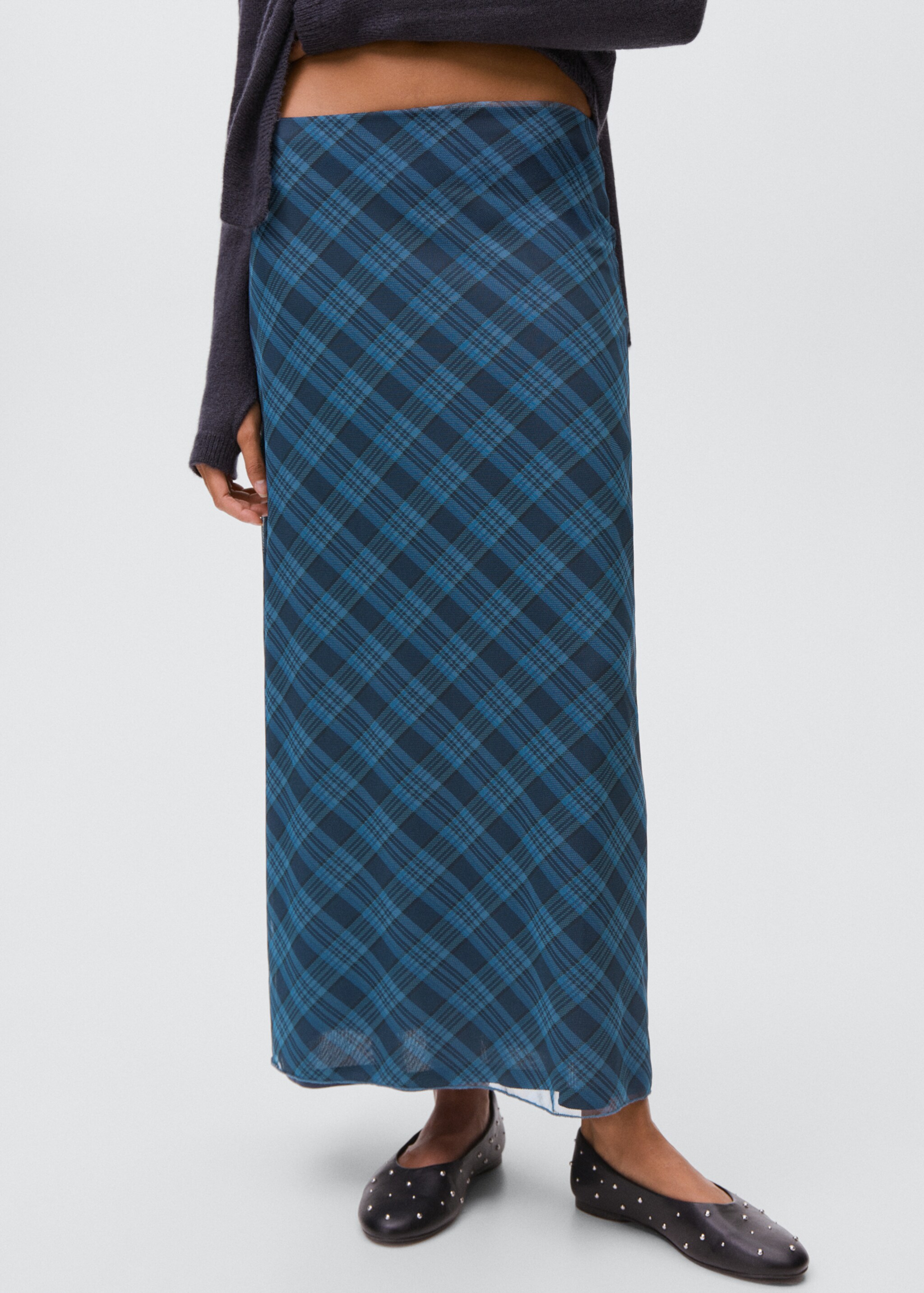 Checked long skirt - Medium plane, Dark Navy. Ref: 17094781-00.