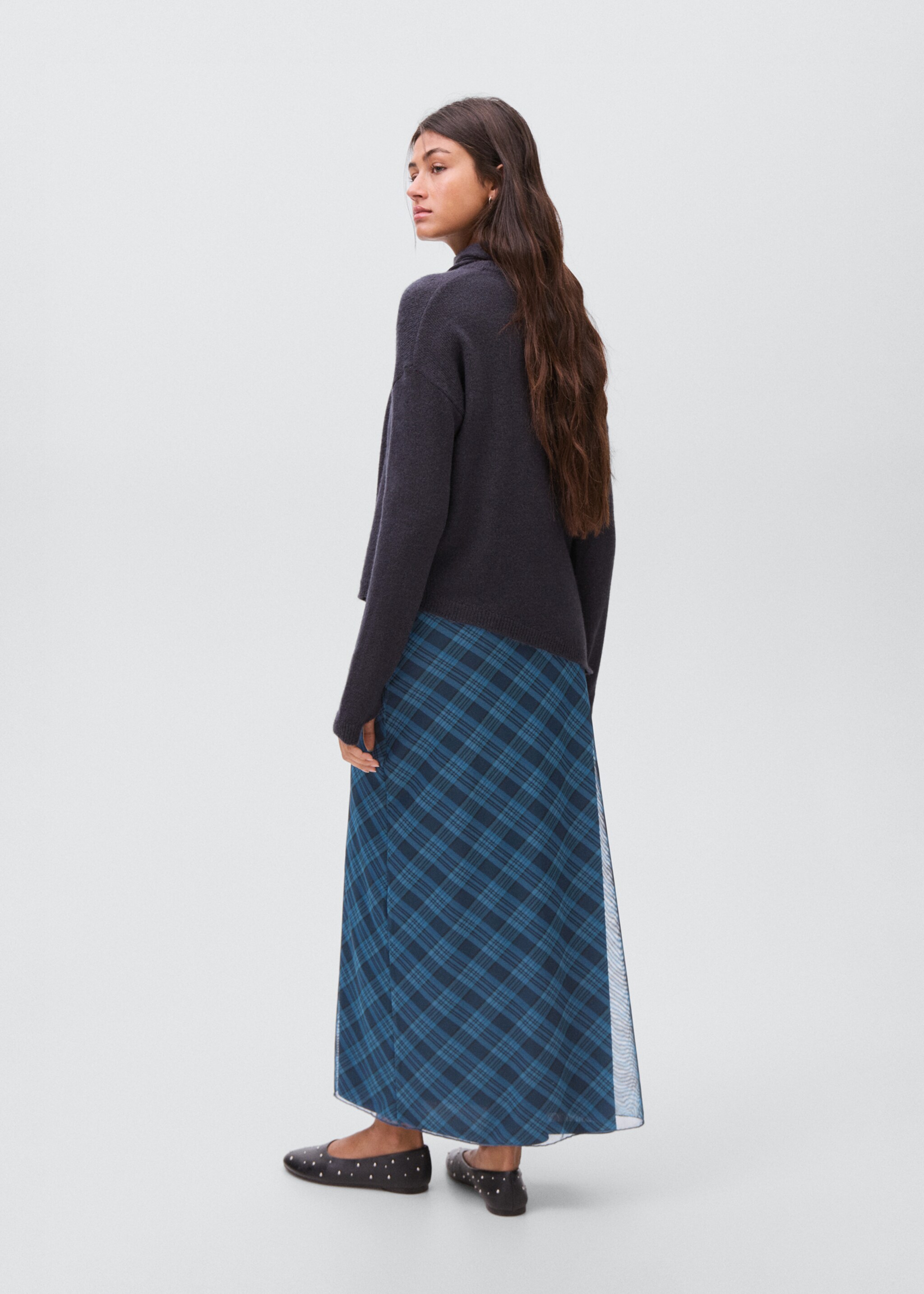 Checked long skirt - Reverse of the article, Dark Navy. Ref: 17094781-00.