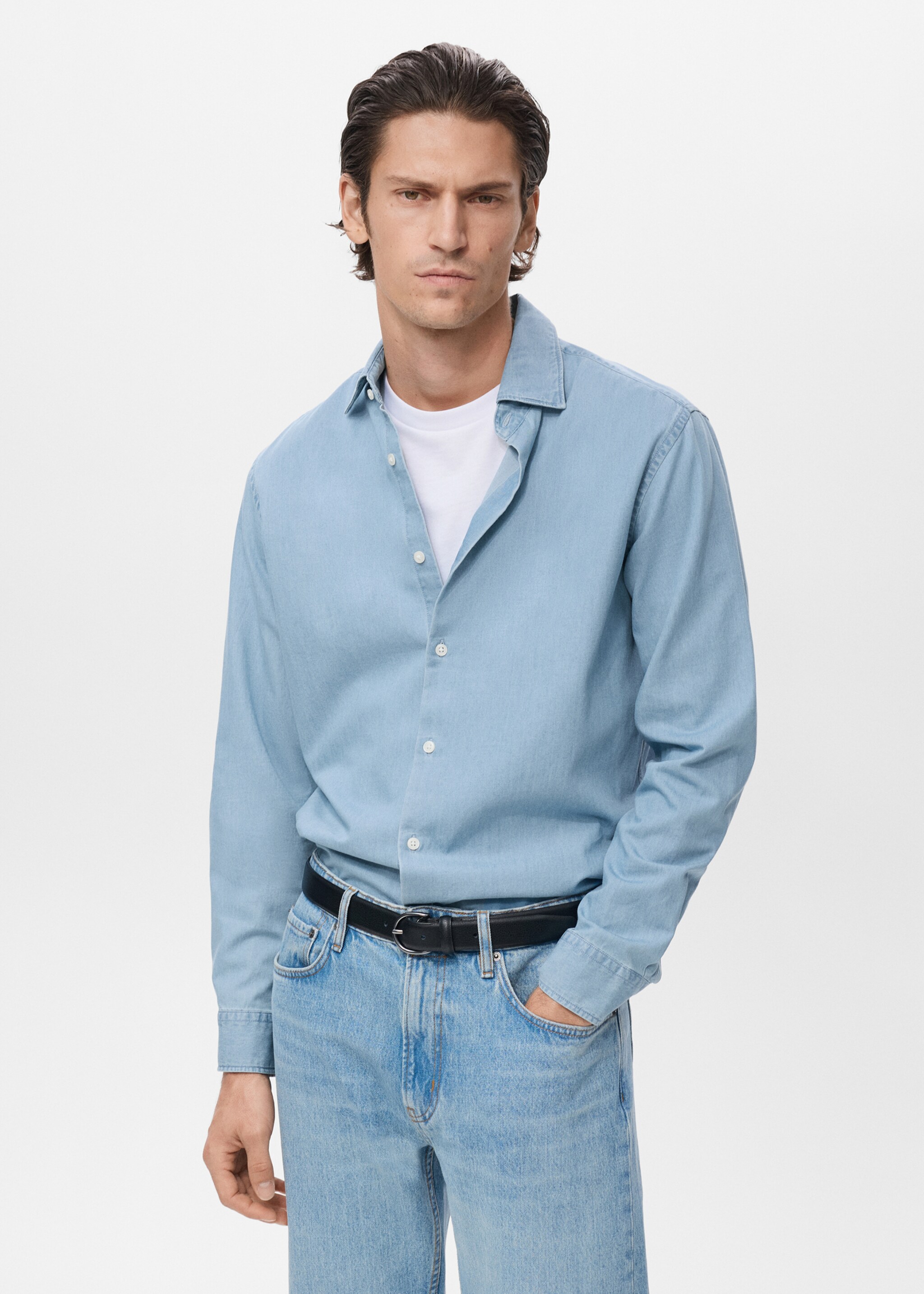 100% cotton chambray shirt - Medium plane, Light Blue. Ref: 17095149-00.