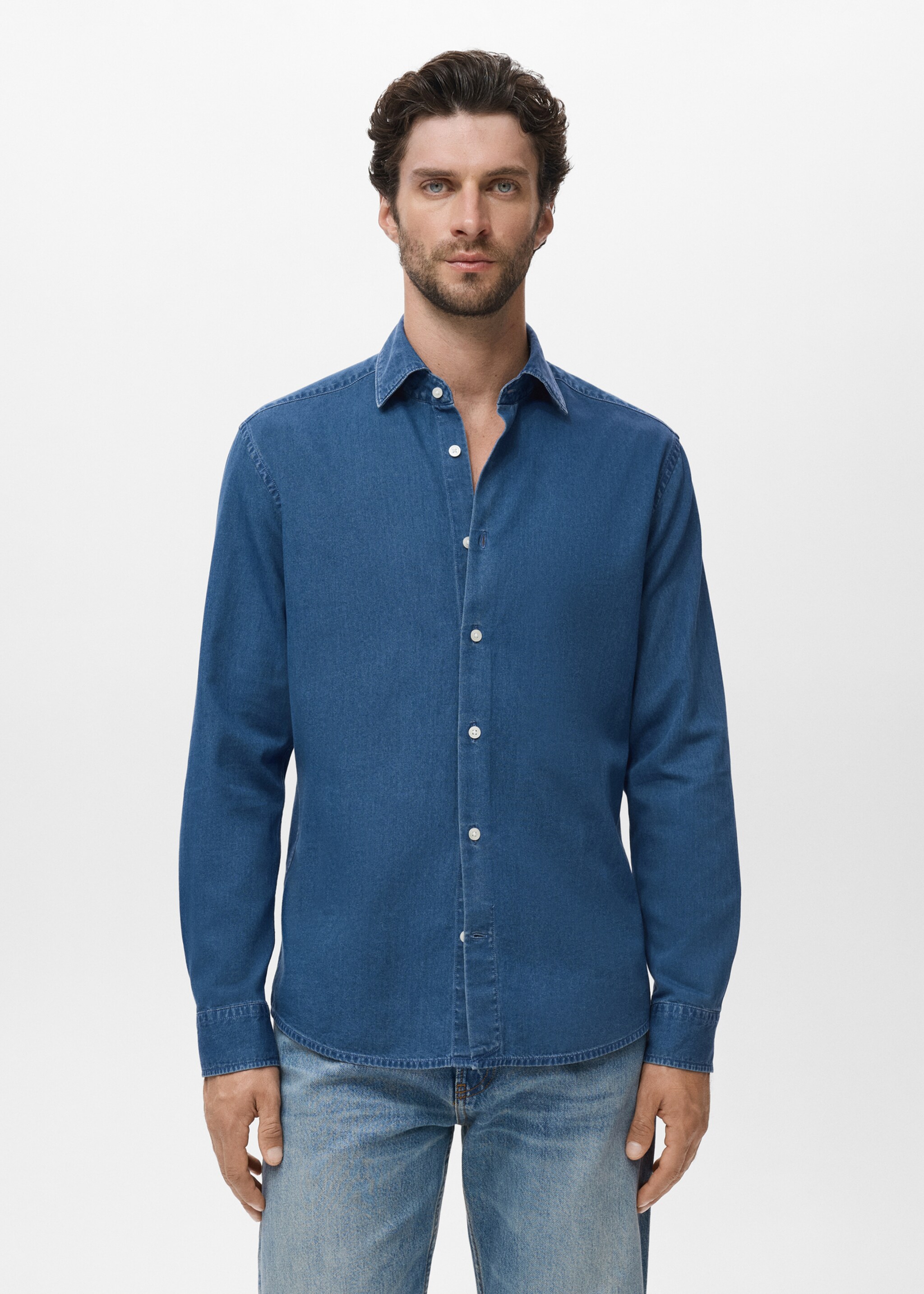 Chambray-Hemd aus 100 % Baumwolle - Mittlere Ansicht, Mittelblau. Ref: 17095149-00.