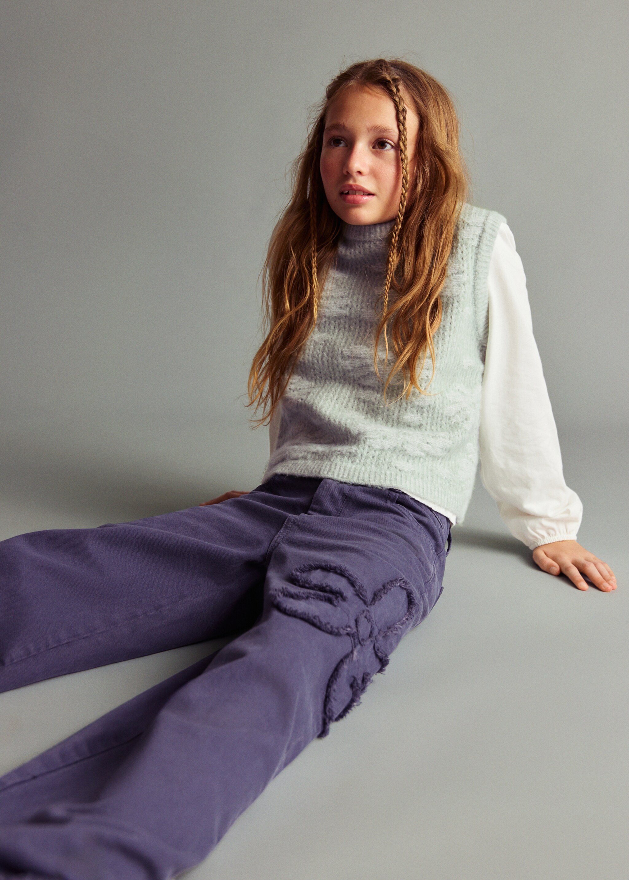 Flower-embroidered wide leg jeans - Medium plane, Blue. Ref: 17095151-00.