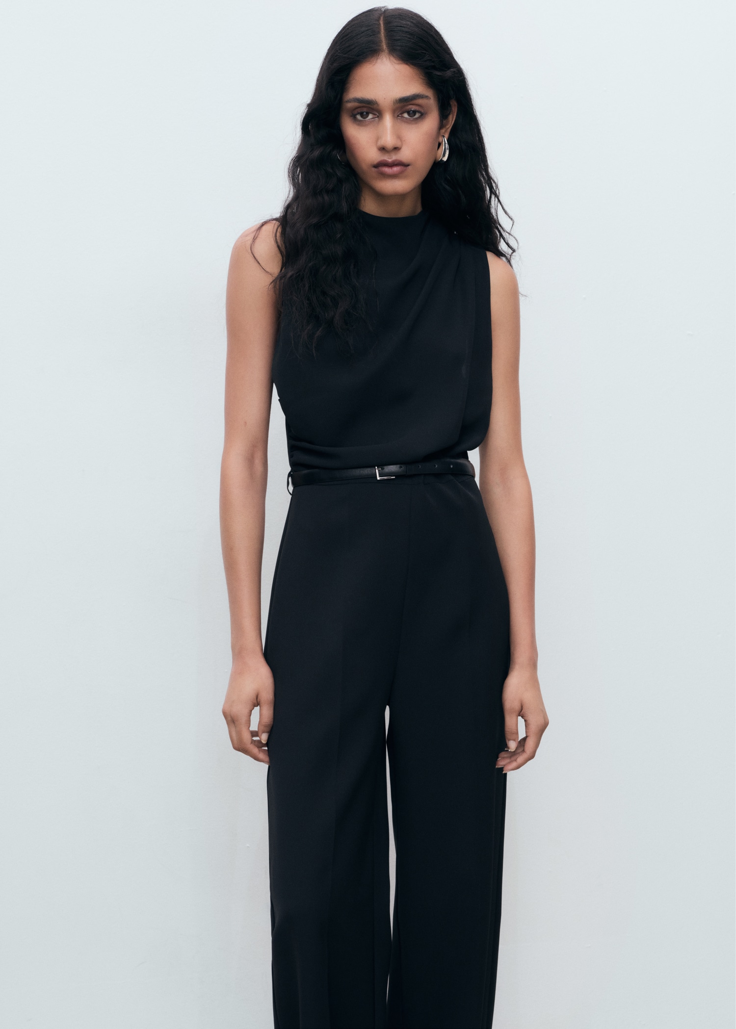 Long jumpsuit with draped neck and belt Women MANGO Philippines