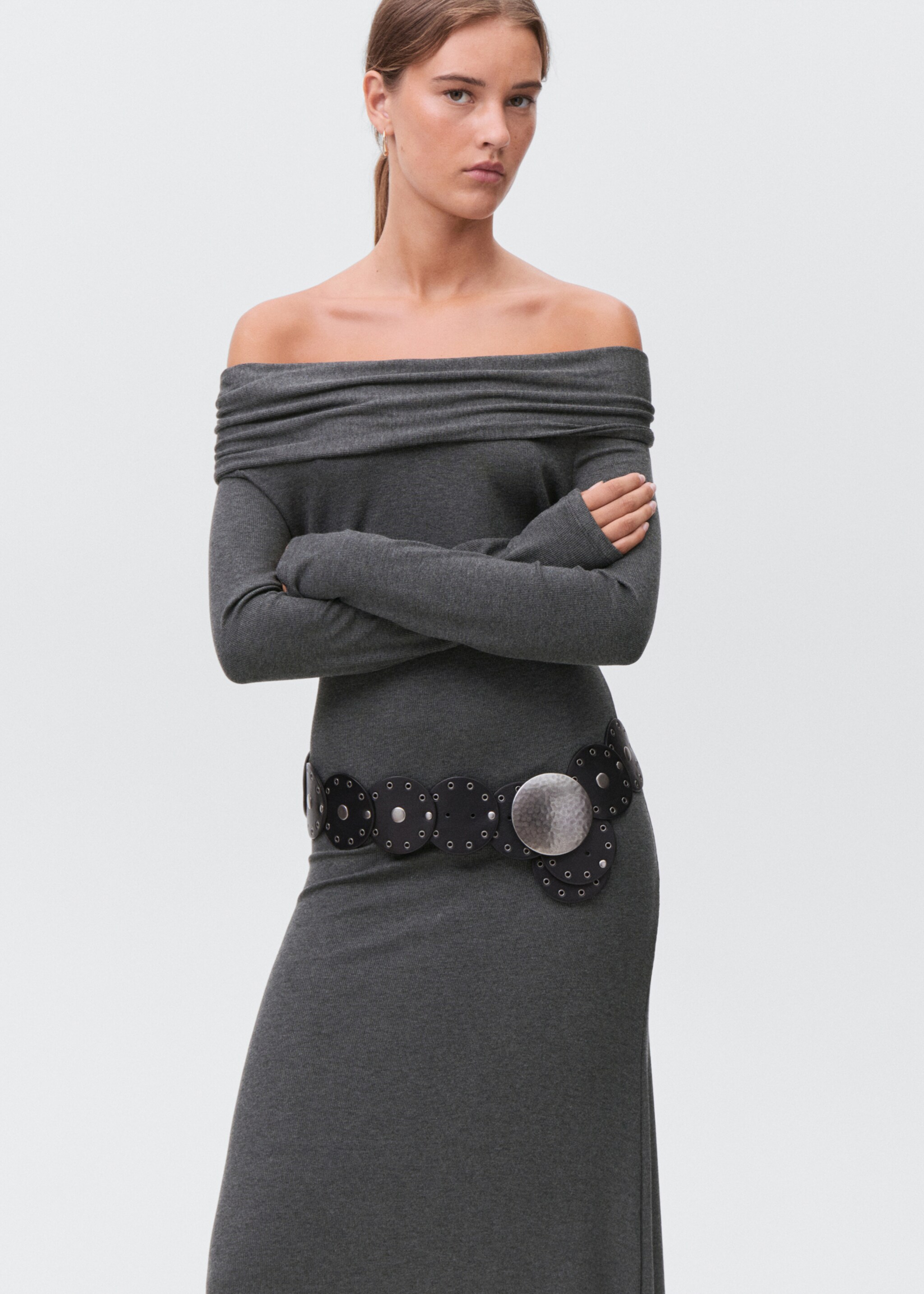 Langes Off-Shoulder-Kleid - Mittlere Ansicht, Grau. Ref: 17095796-00.