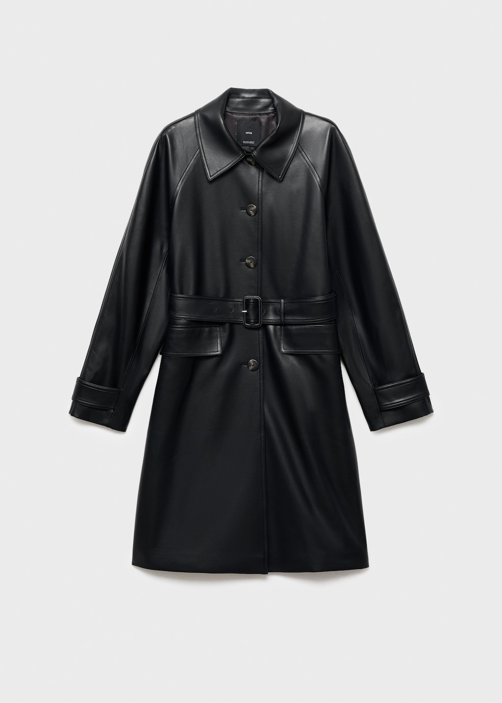 Long faux-leather trench coat with belt