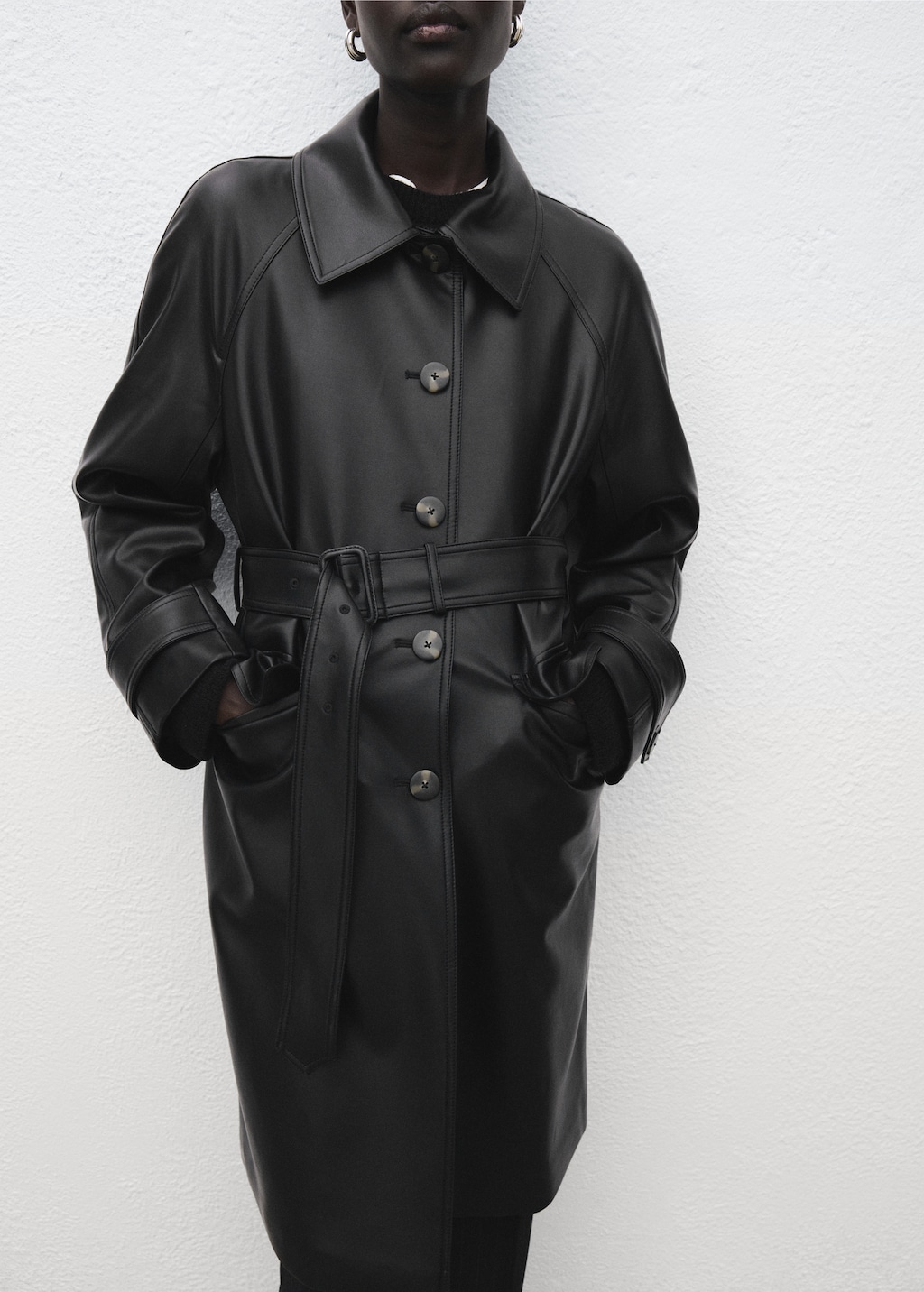 Long faux-leather trench coat with belt