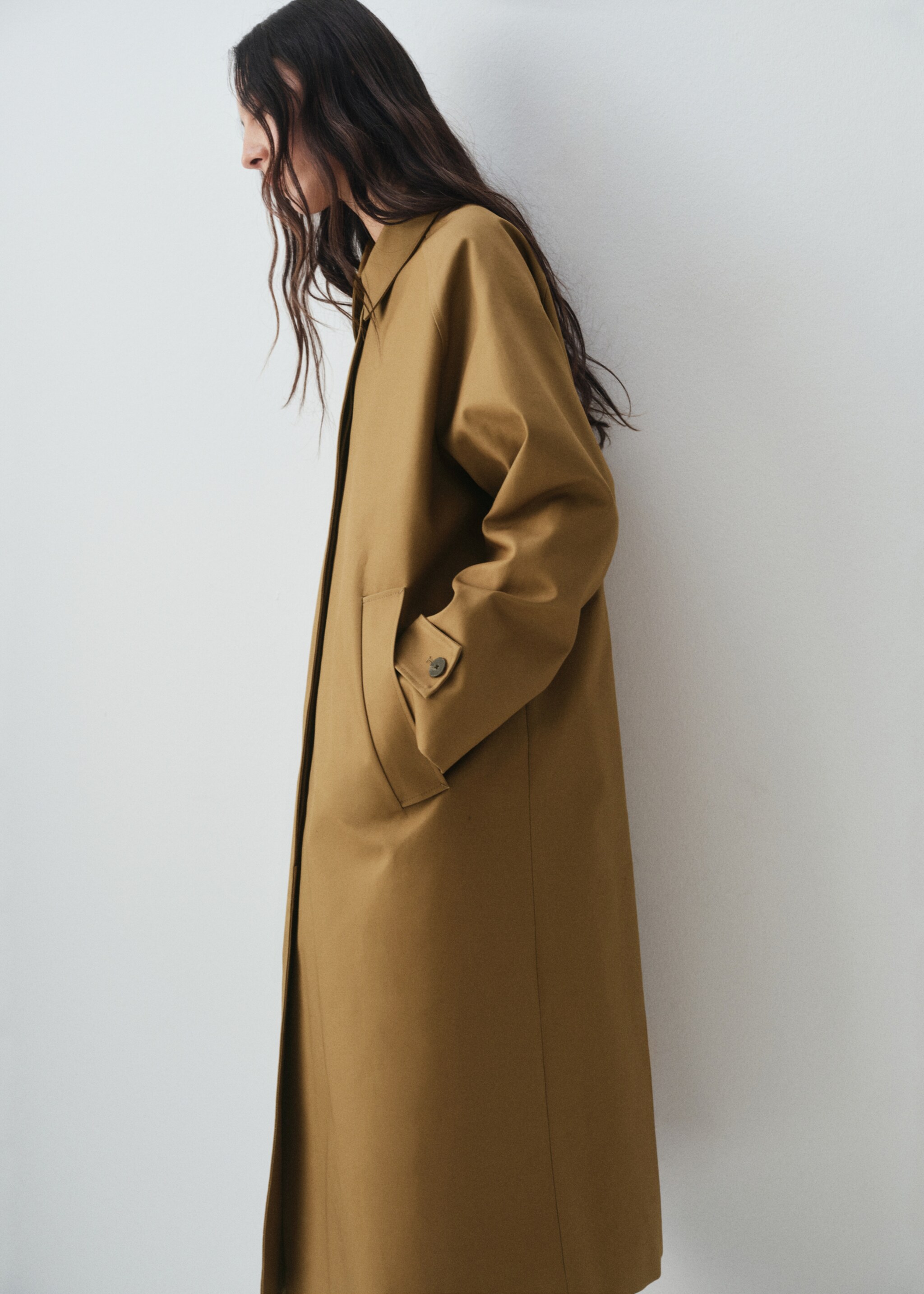 100% cotton long trench coat - Medium plane, Tobacco Brown. Ref: 17095801-00.
