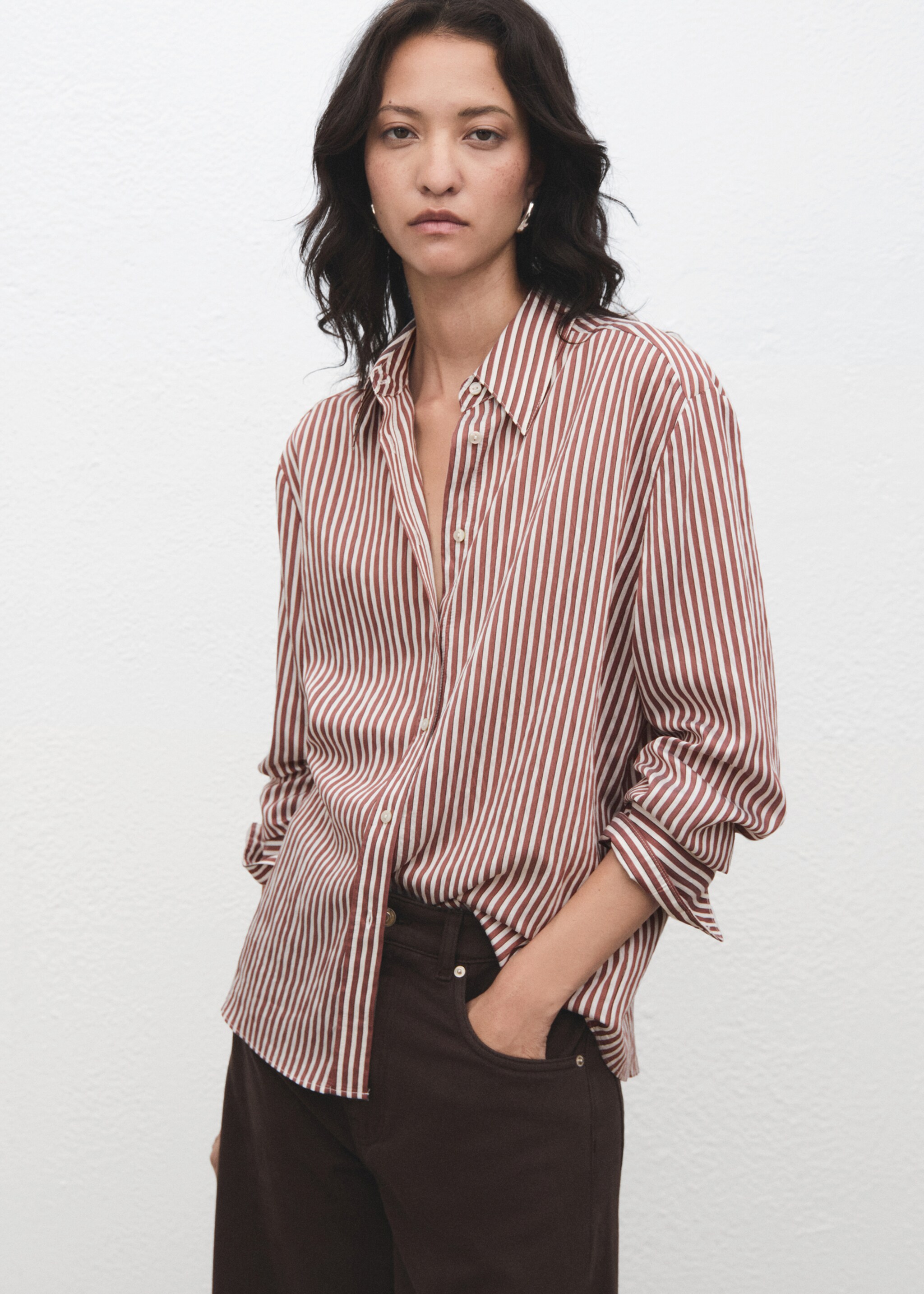 Striped straight shirt - Medium plane, Brown. Ref: 17095802-00.