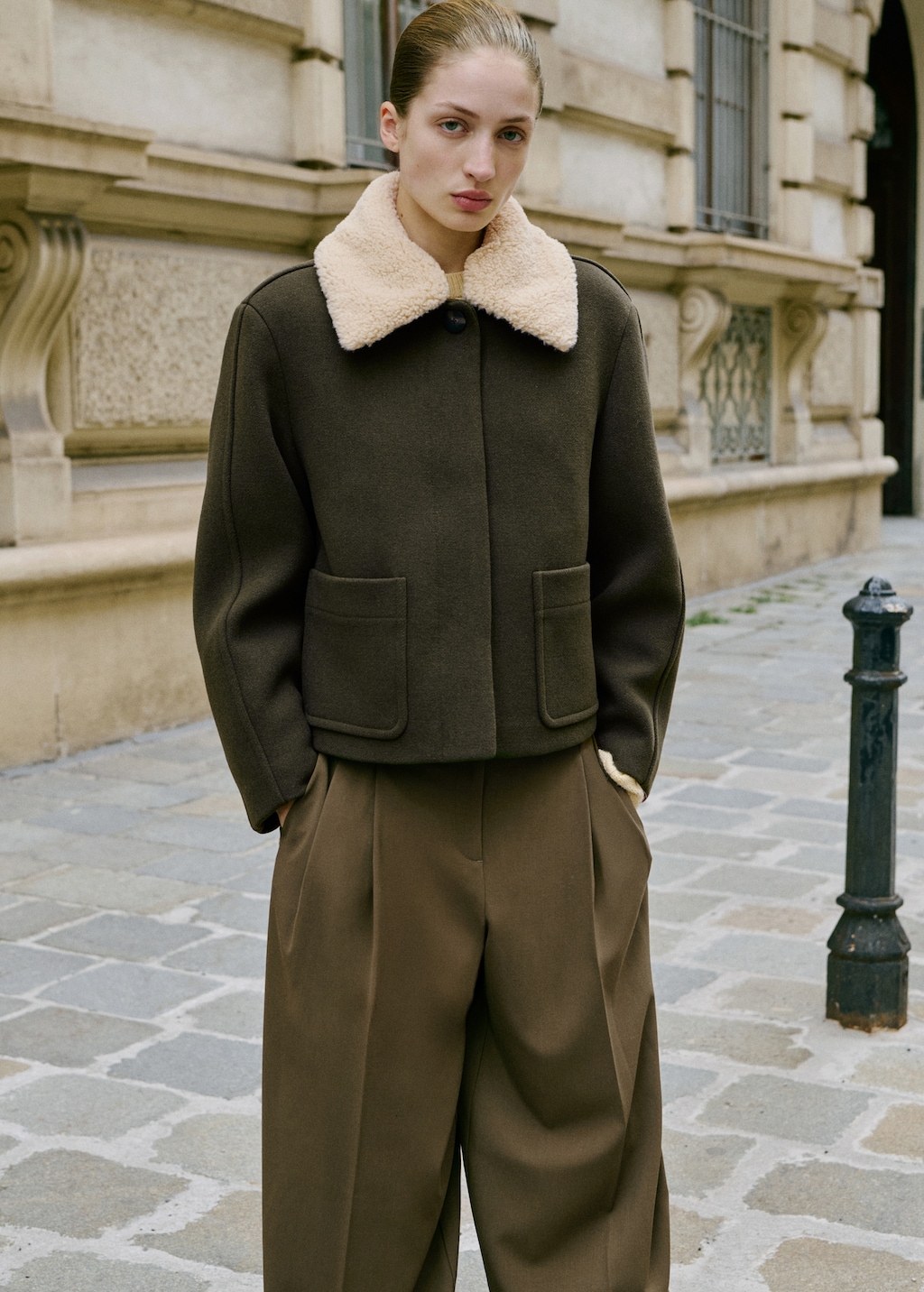 Wide leg mid-rise pleated trousers