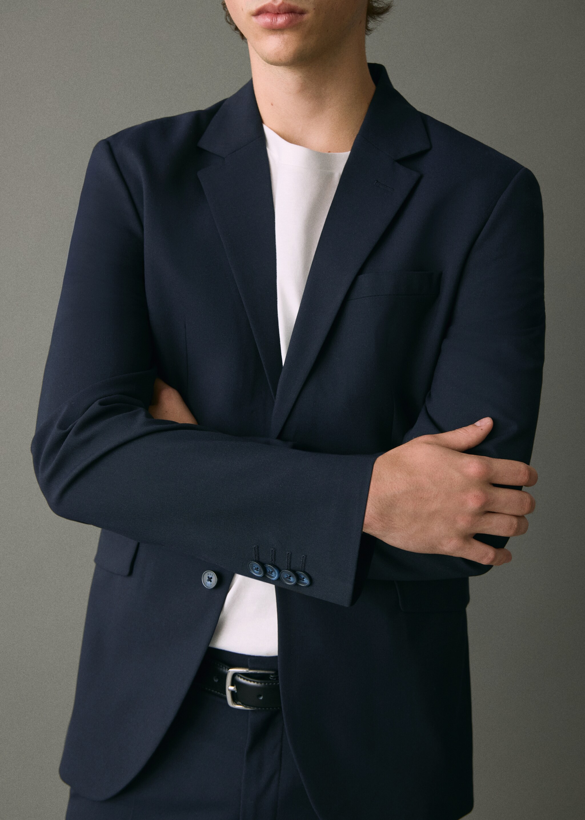 Straight-fit suit jacket - Details of the article 1, Navy. Ref: 17096326-00.