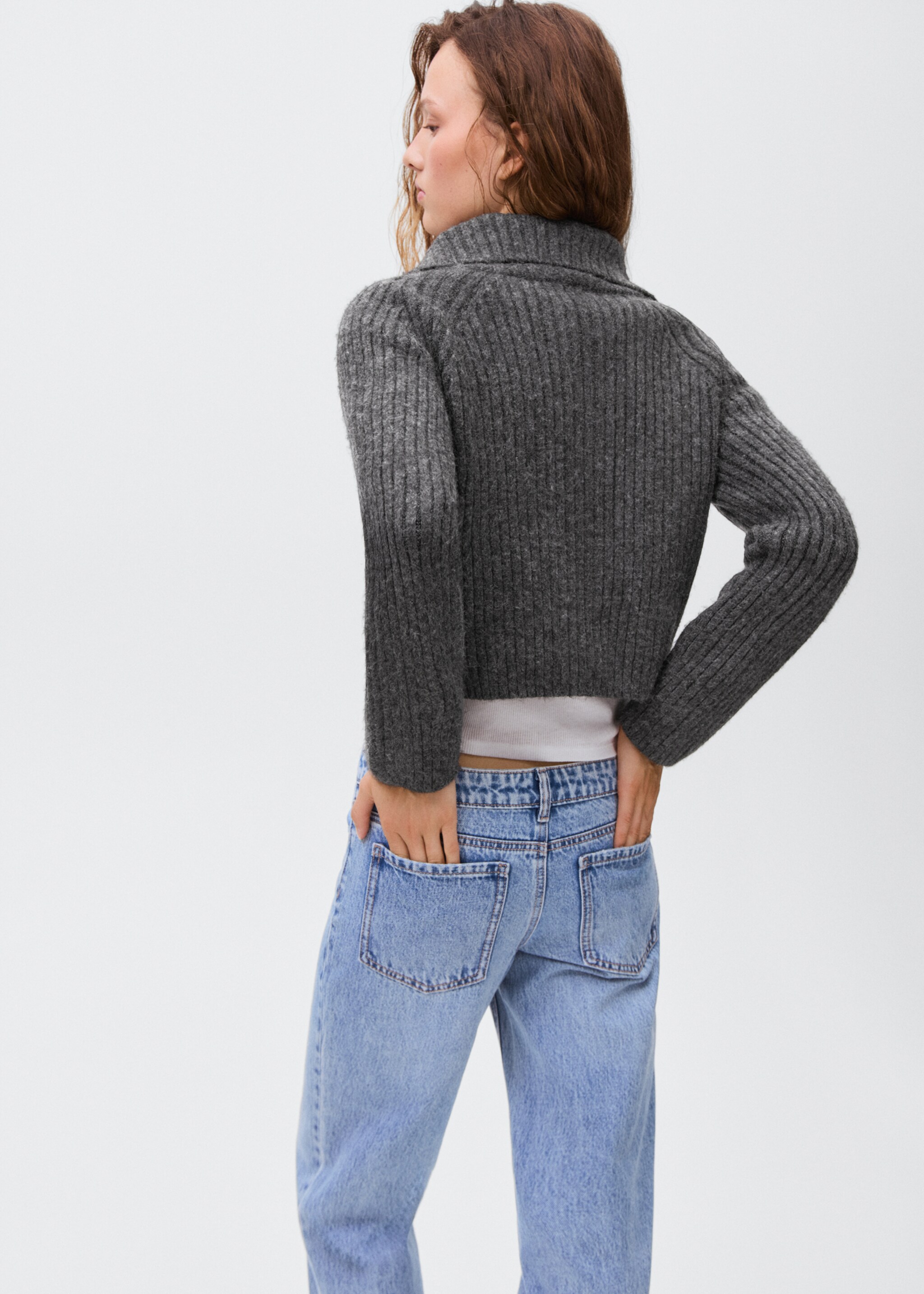 Zipped knit cardigan - Reverse of the article, Dark Heather Grey. Ref: 17096330-00.