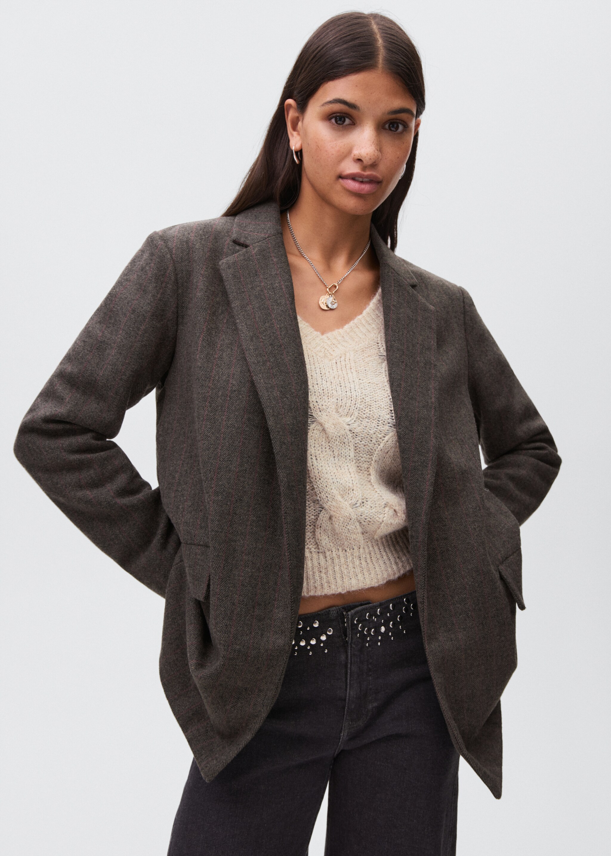 Striped woollen suit jacket - Medium plane, Grey. Ref: 17096719-00.