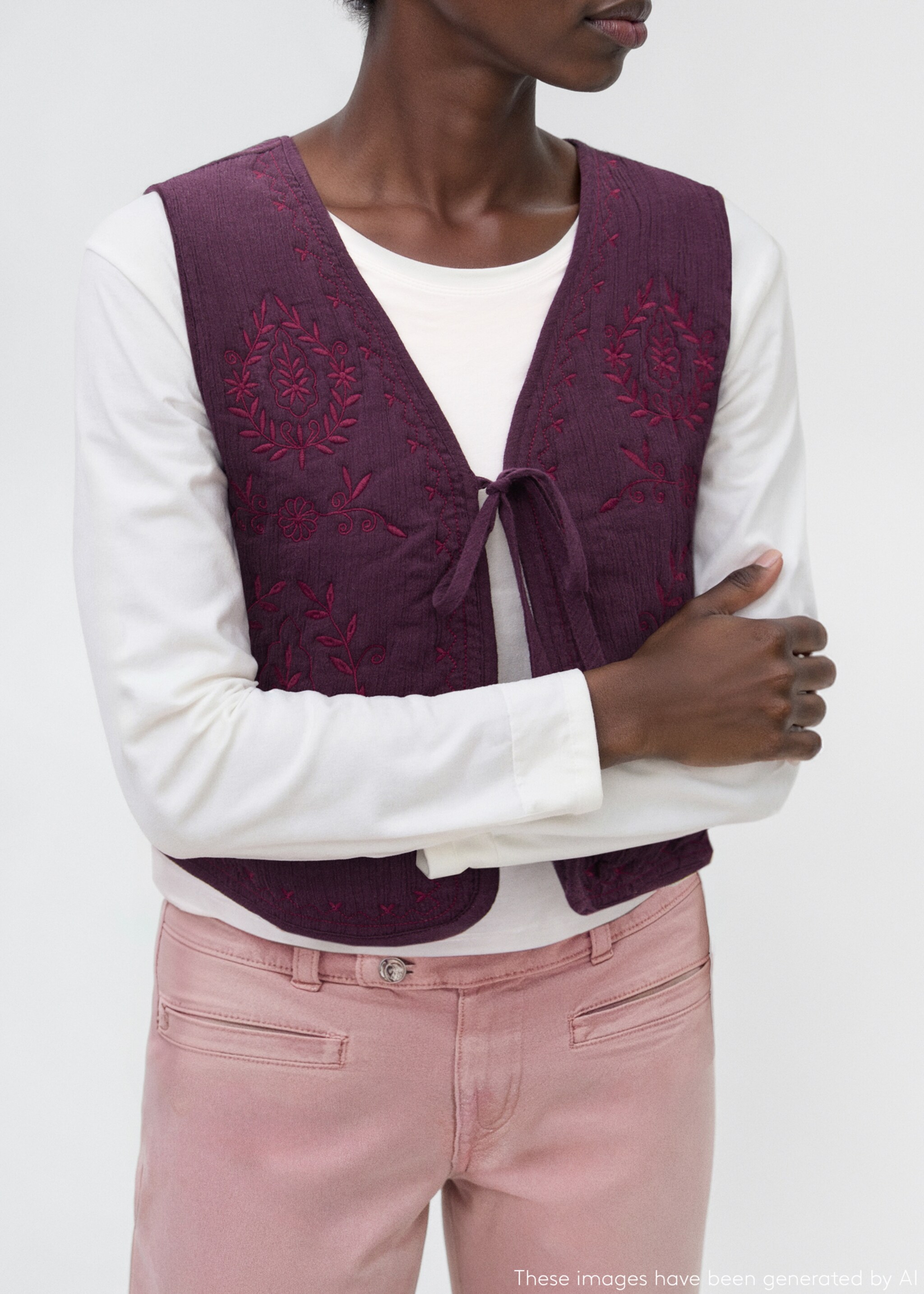 Floral-embroidered waistcoat - Details of the article 1, Burgundy. Ref: 17097122-00.