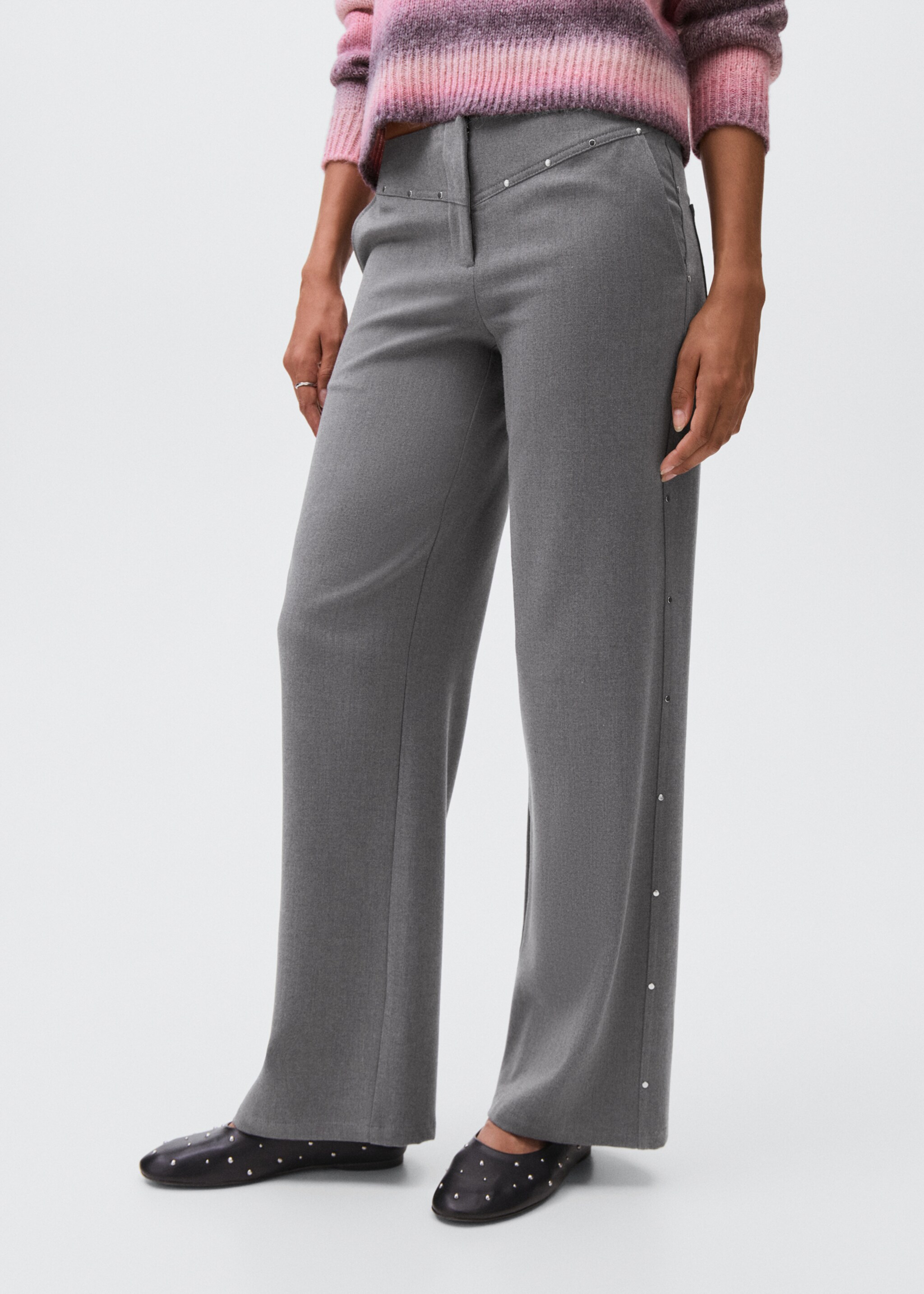 Low-waist studded trousers - Details of the article 6, Grey. Ref: 17097123-00.