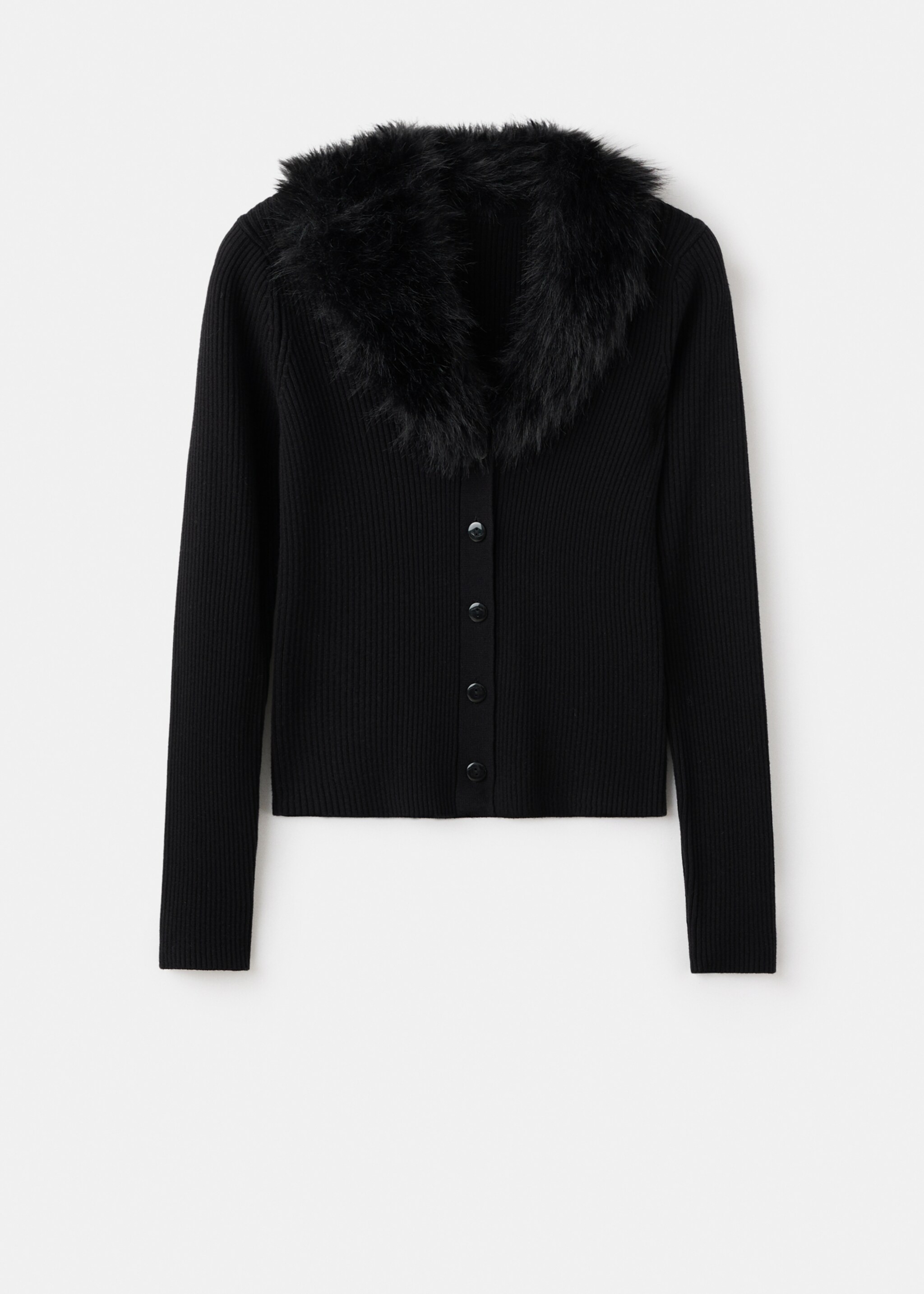 Cardigan with fur-effect collar - Article without model, Black. Ref: 17097790-00.