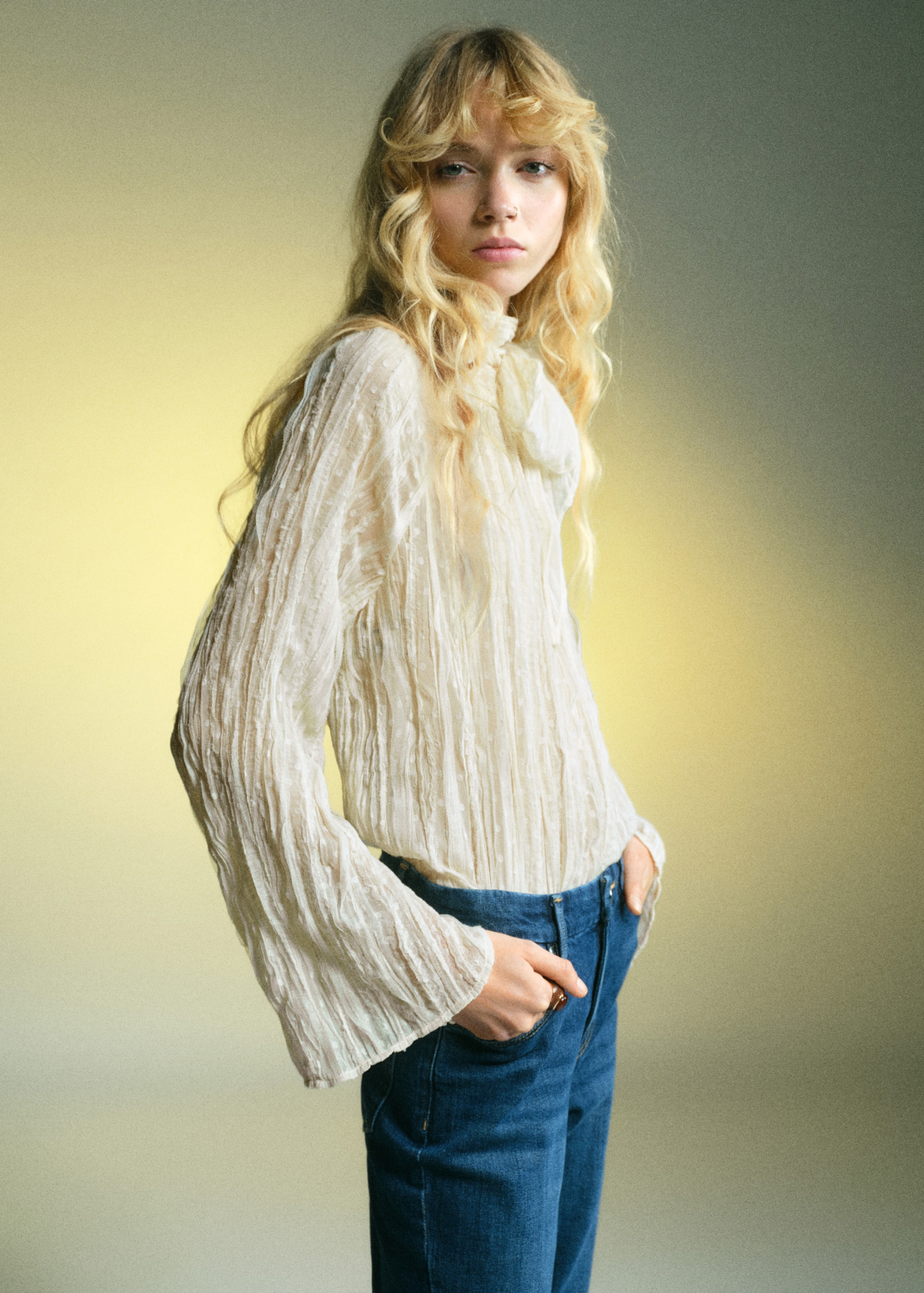 Bow textured blouse - Medium plane, Off White. Ref: 17097797-00.