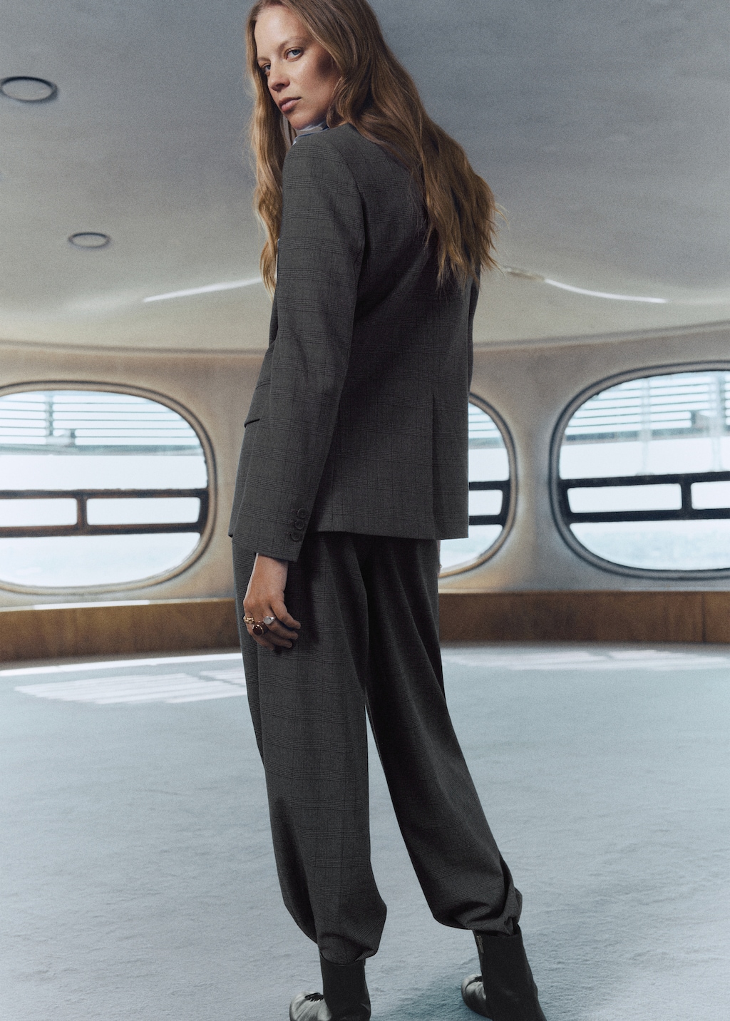 Pleated check-print suit trousers