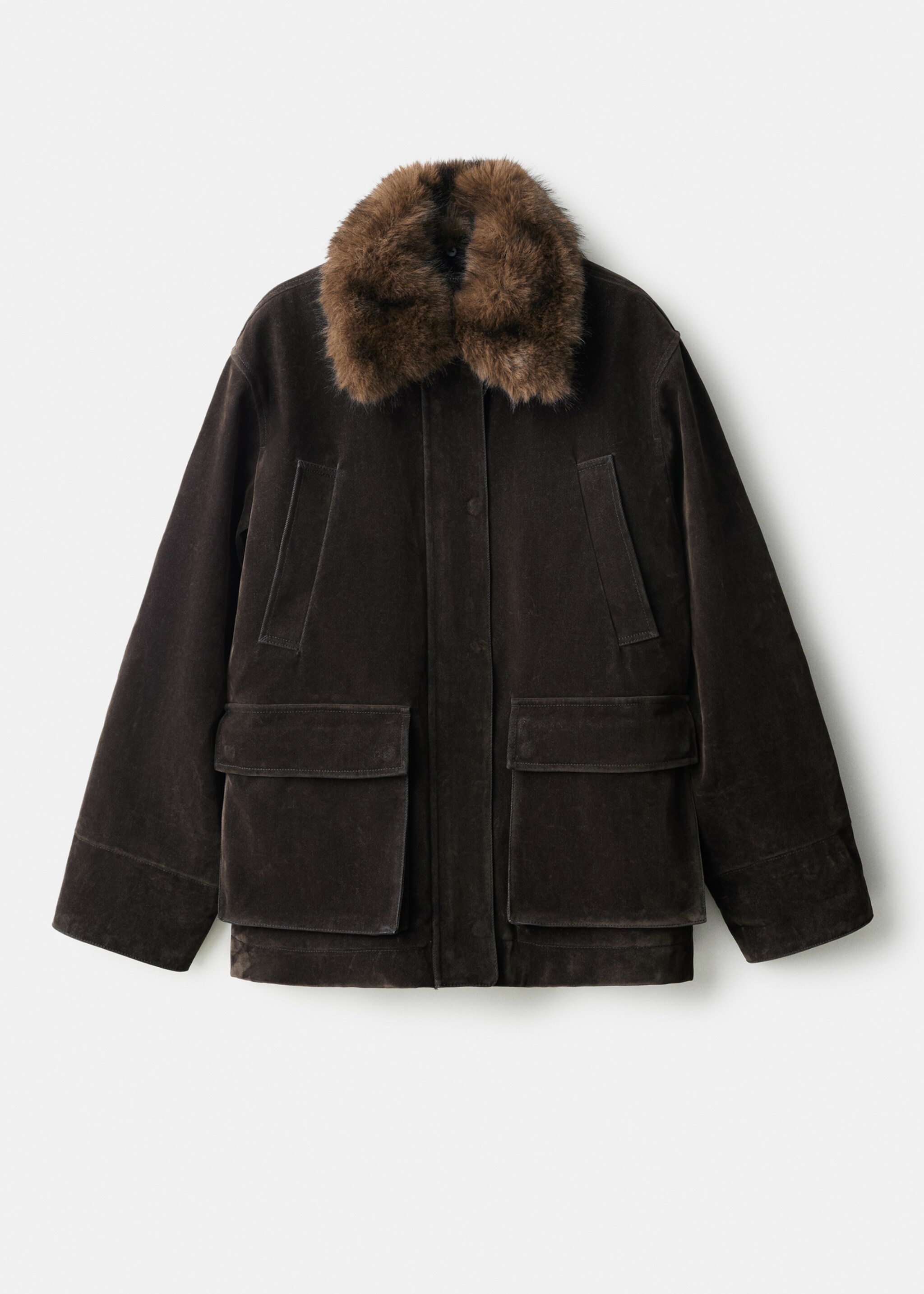 Velvet-finish parka with fur-effect collar - Article without model, Chocolate. Ref: 17097804-00.