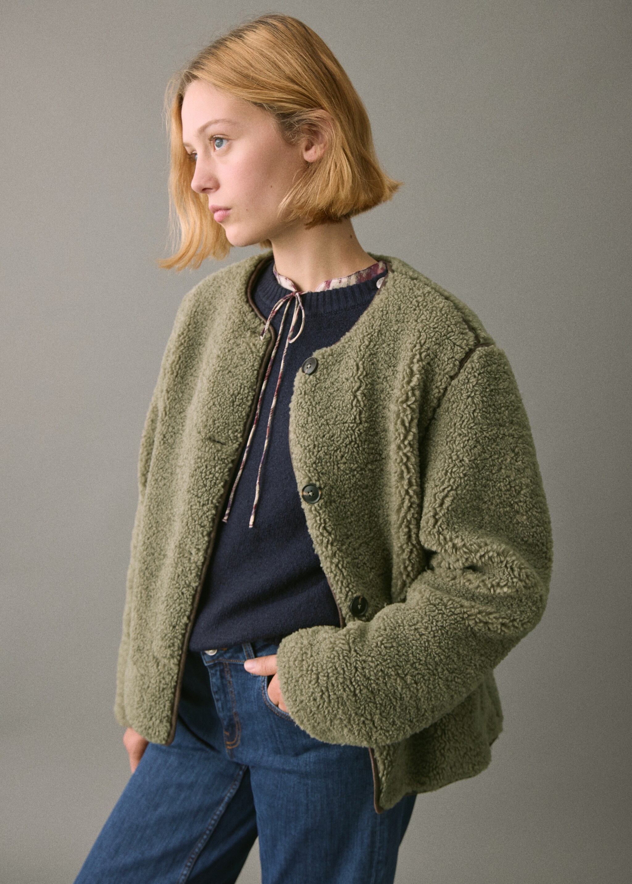 Shearling-effect jacket - Details of the article 2, Green. Ref: 17097882-00.