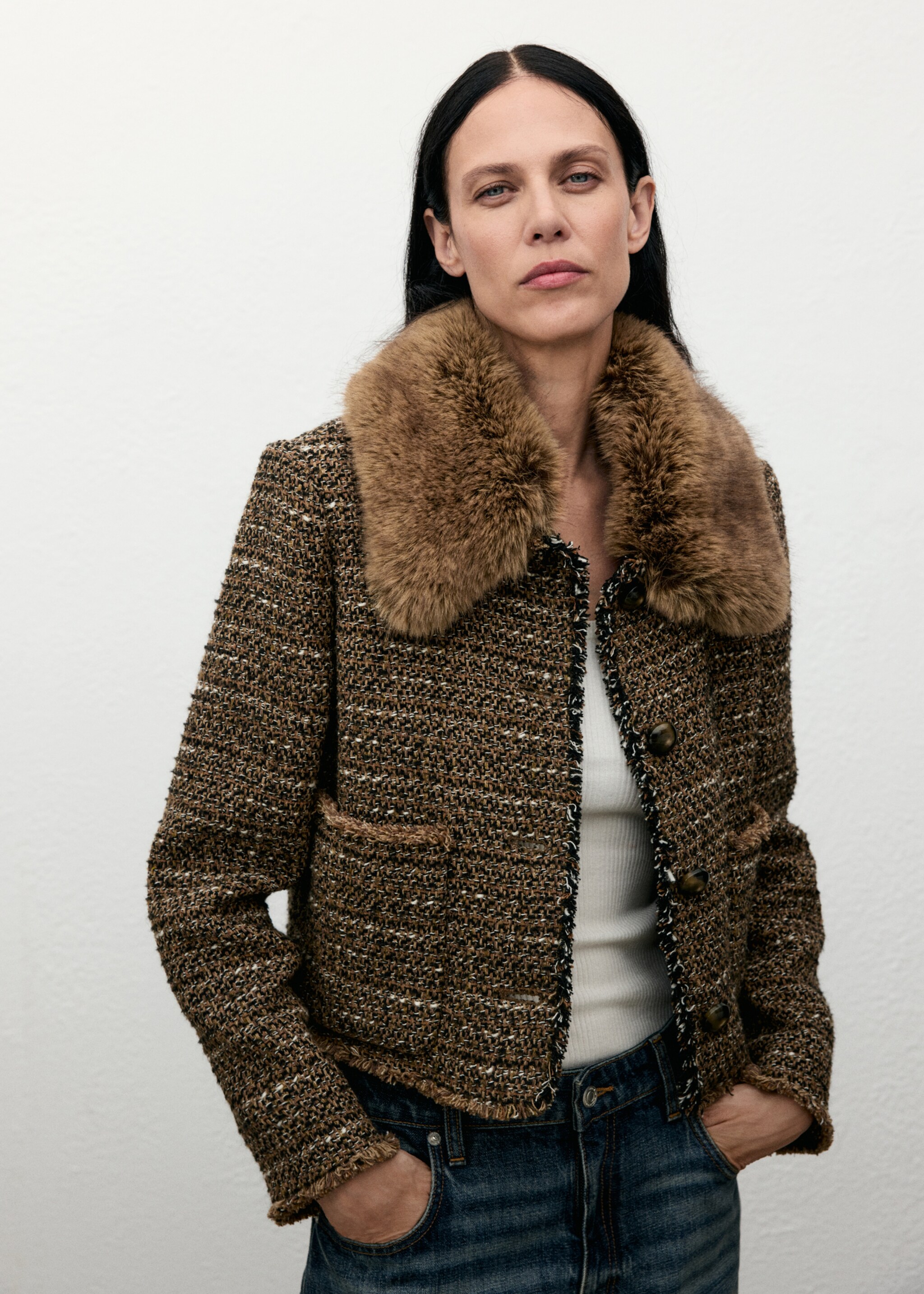 Tweed jacket with fur collar - Medium plane, Brown. Ref: 17097911-00.