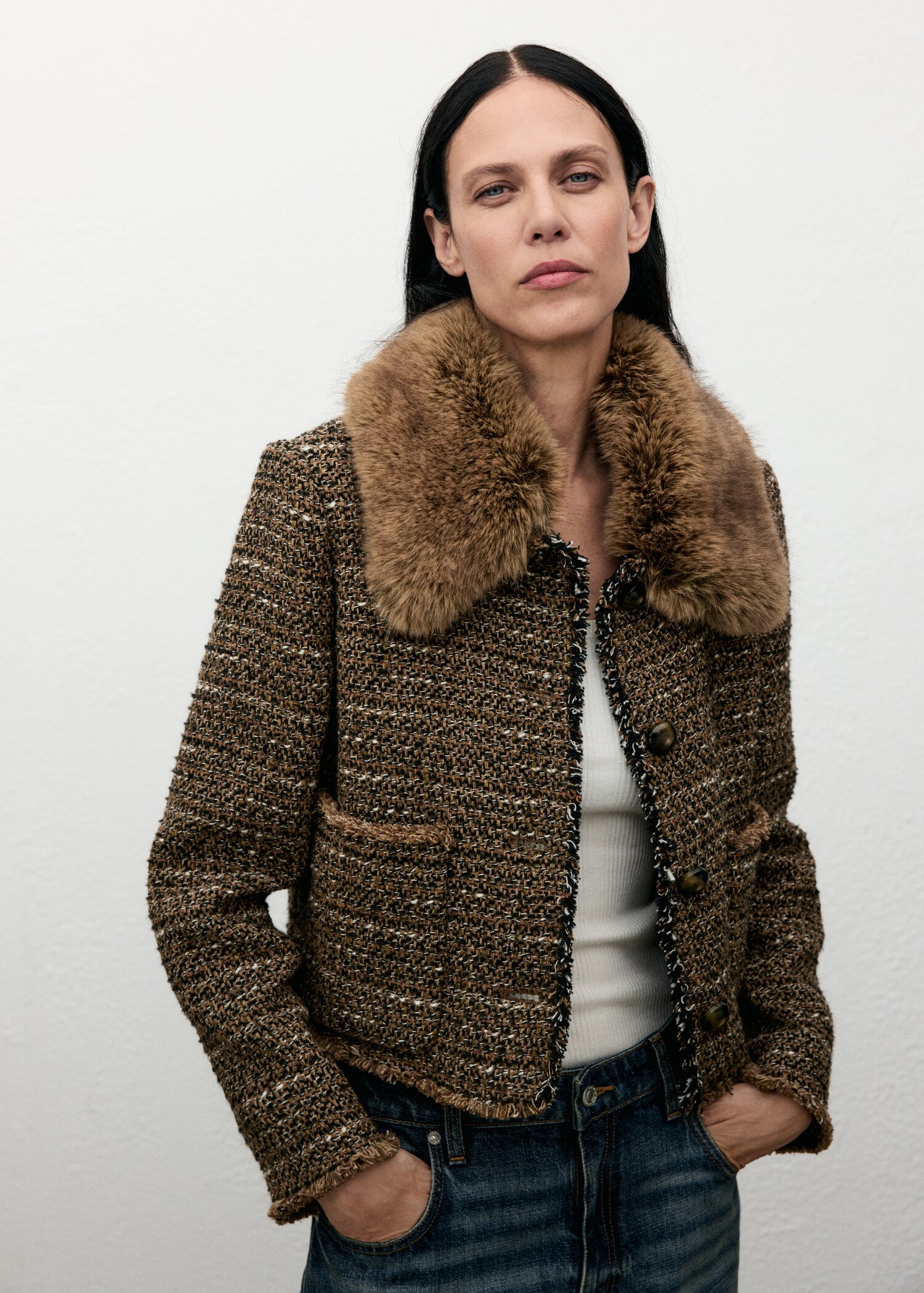 Tweed jacket with fur collar - Medium plane