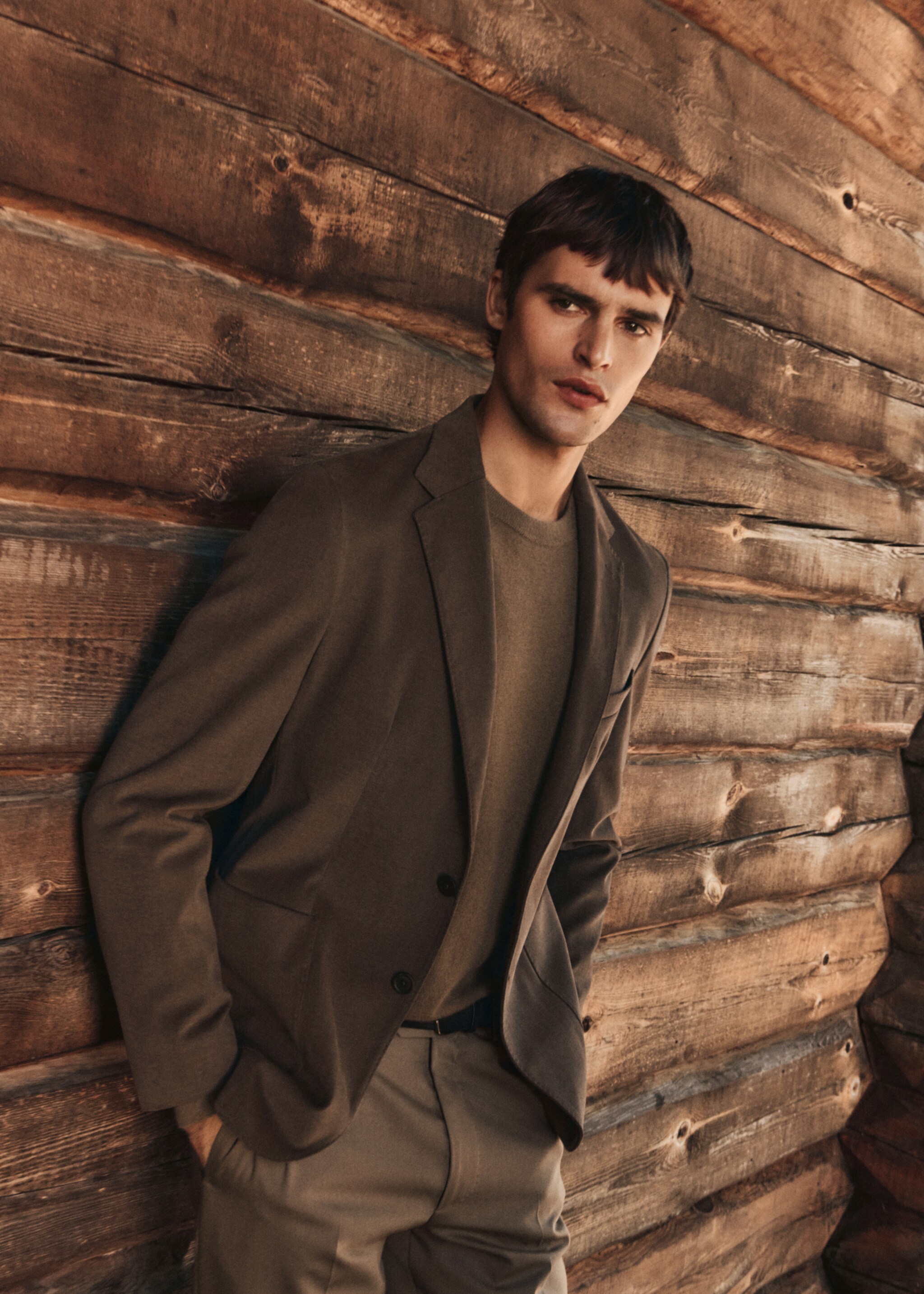 Structured slim fit cotton blazer - Details of the article 3, Caramel. Ref: 17098268-00.