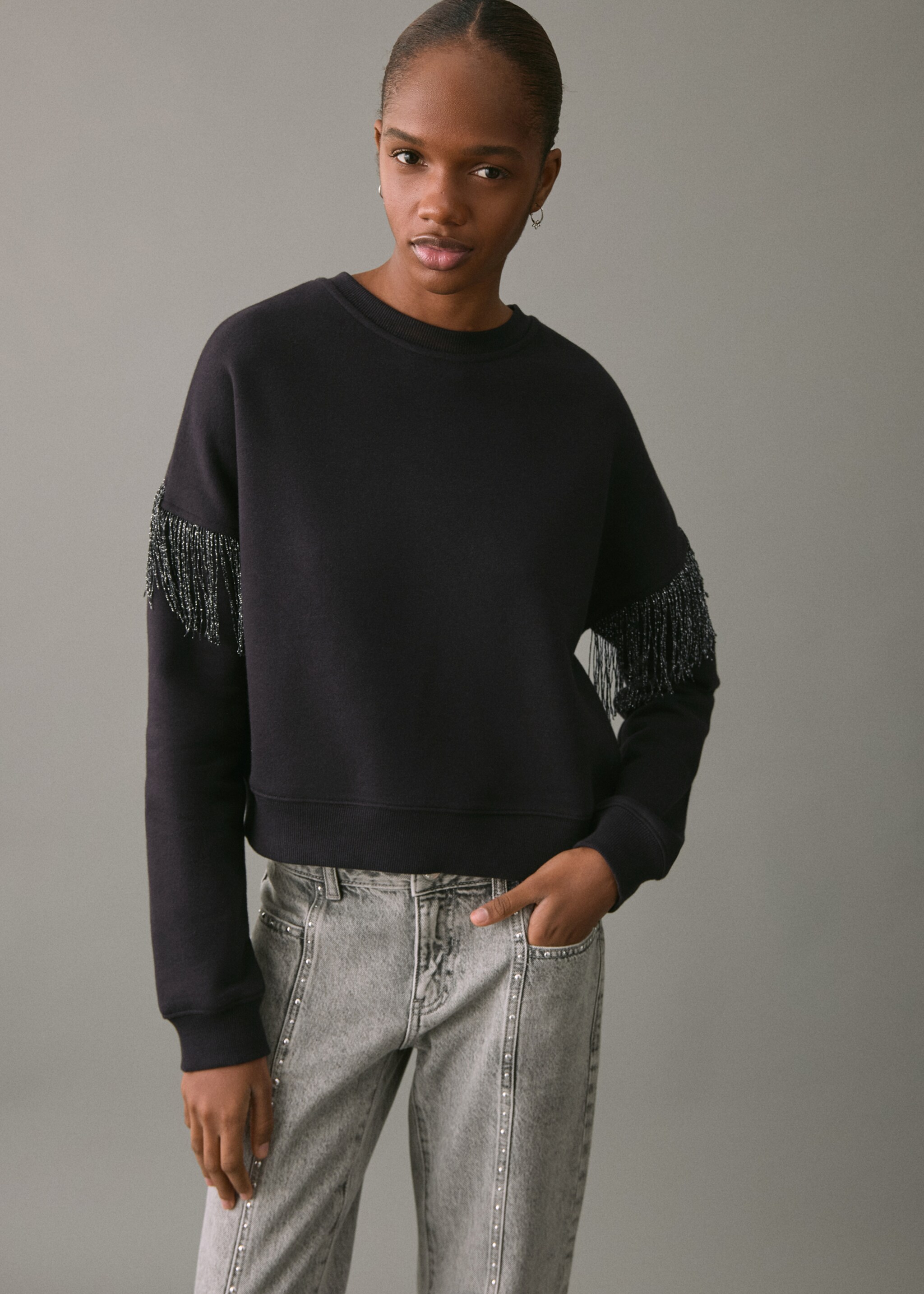 Fringed cotton-blend sweatshirt - Medium plane, Black. Ref: 17098277-00.