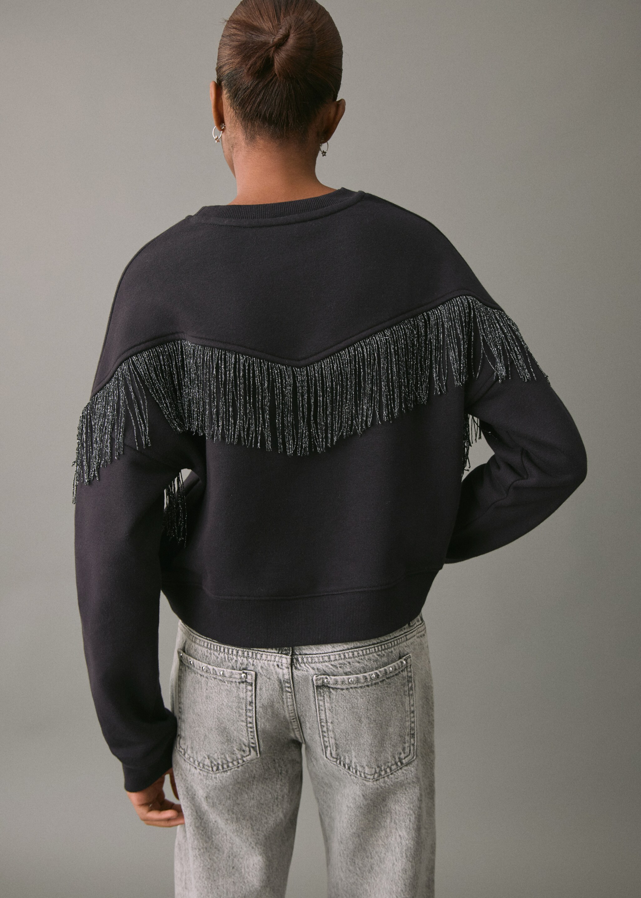 Fringed cotton-blend sweatshirt - Reverse of the article, Black. Ref: 17098277-00.