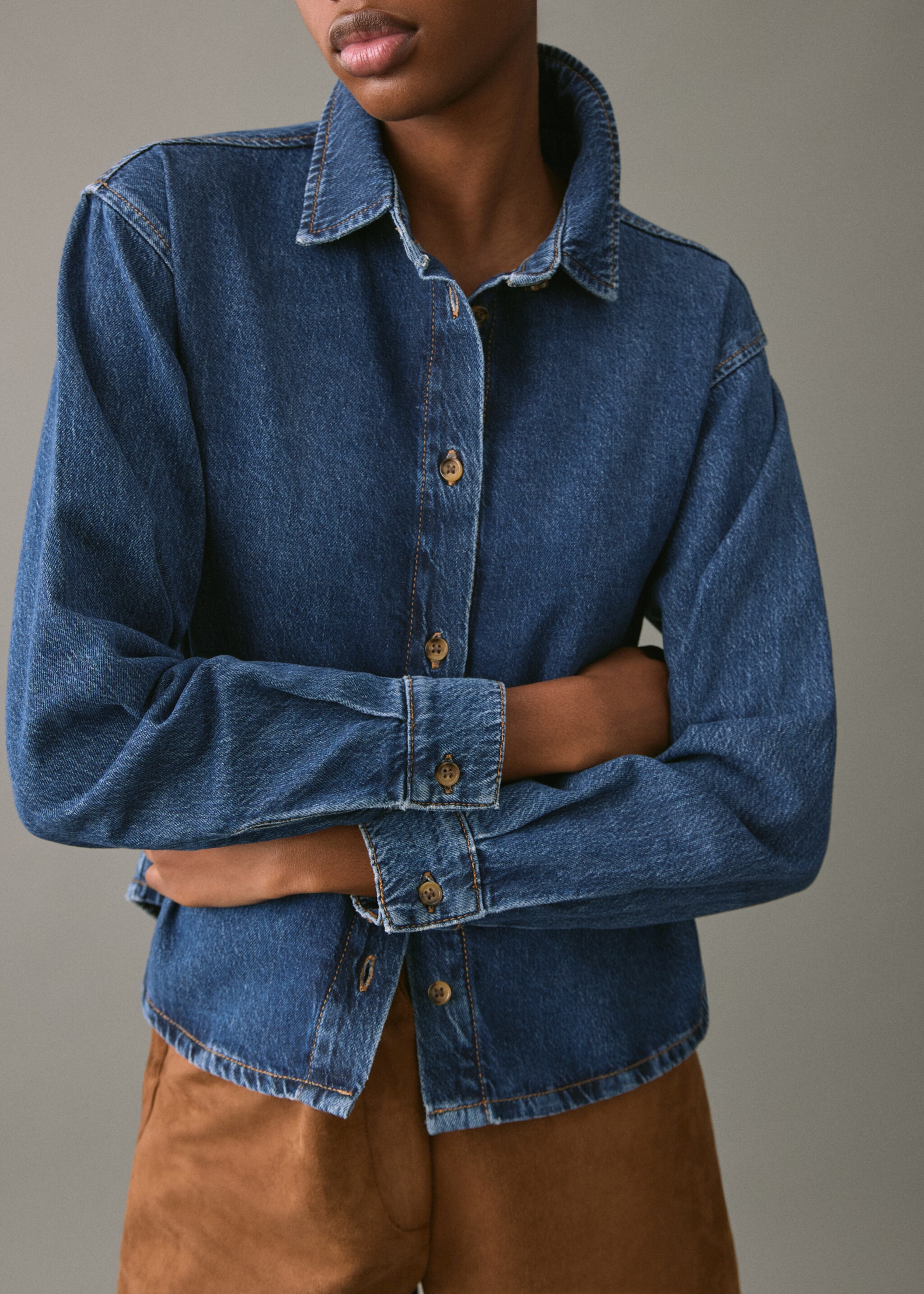 Denim cotton shirt - Details of the article 6, Dark Blue. Ref: 17098286-00.