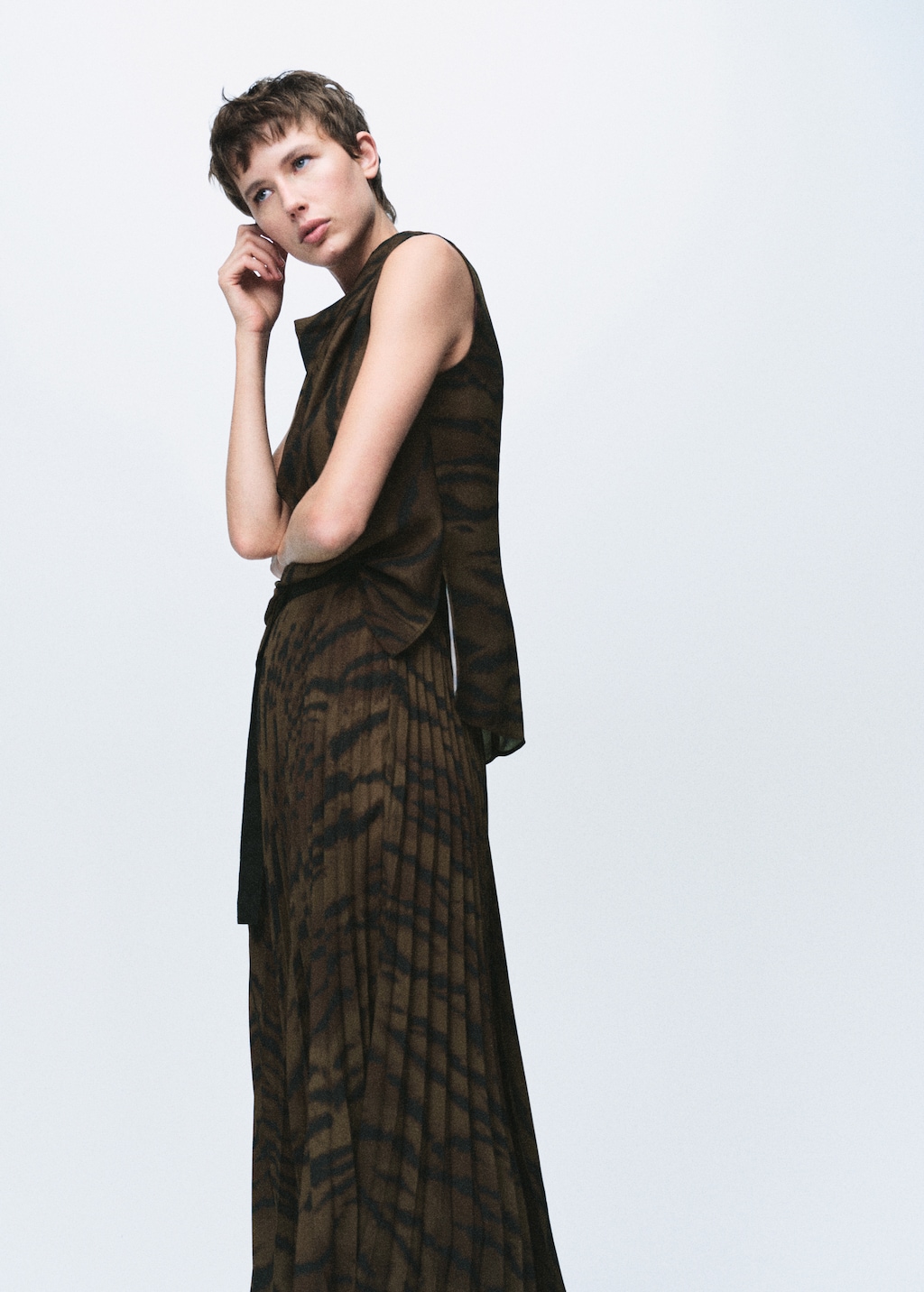 Animal-print blouse with draped collar