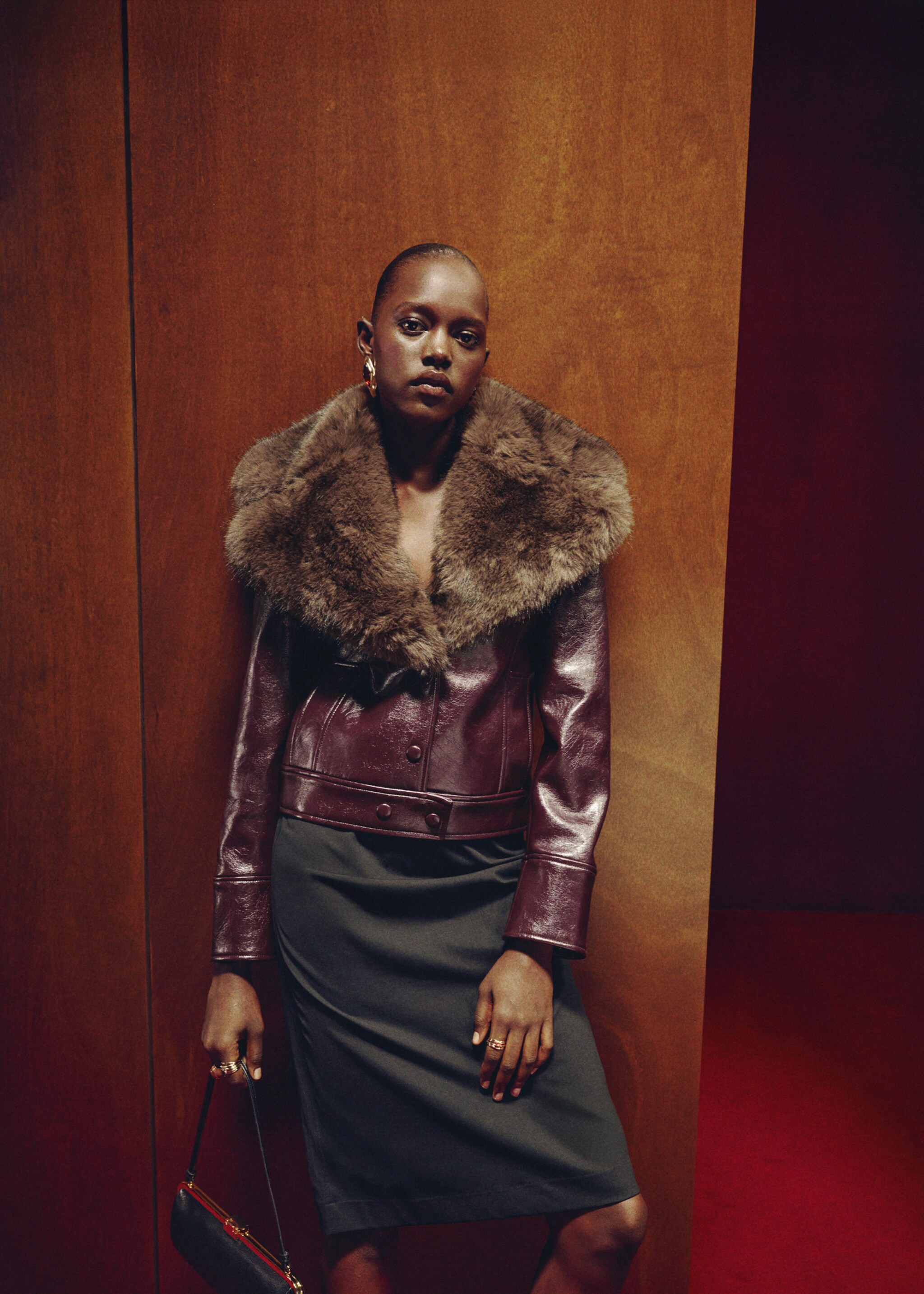 Leather-effect jacket with fur-effect collar - Medium plane, Maroon. Ref: 17099101-00.