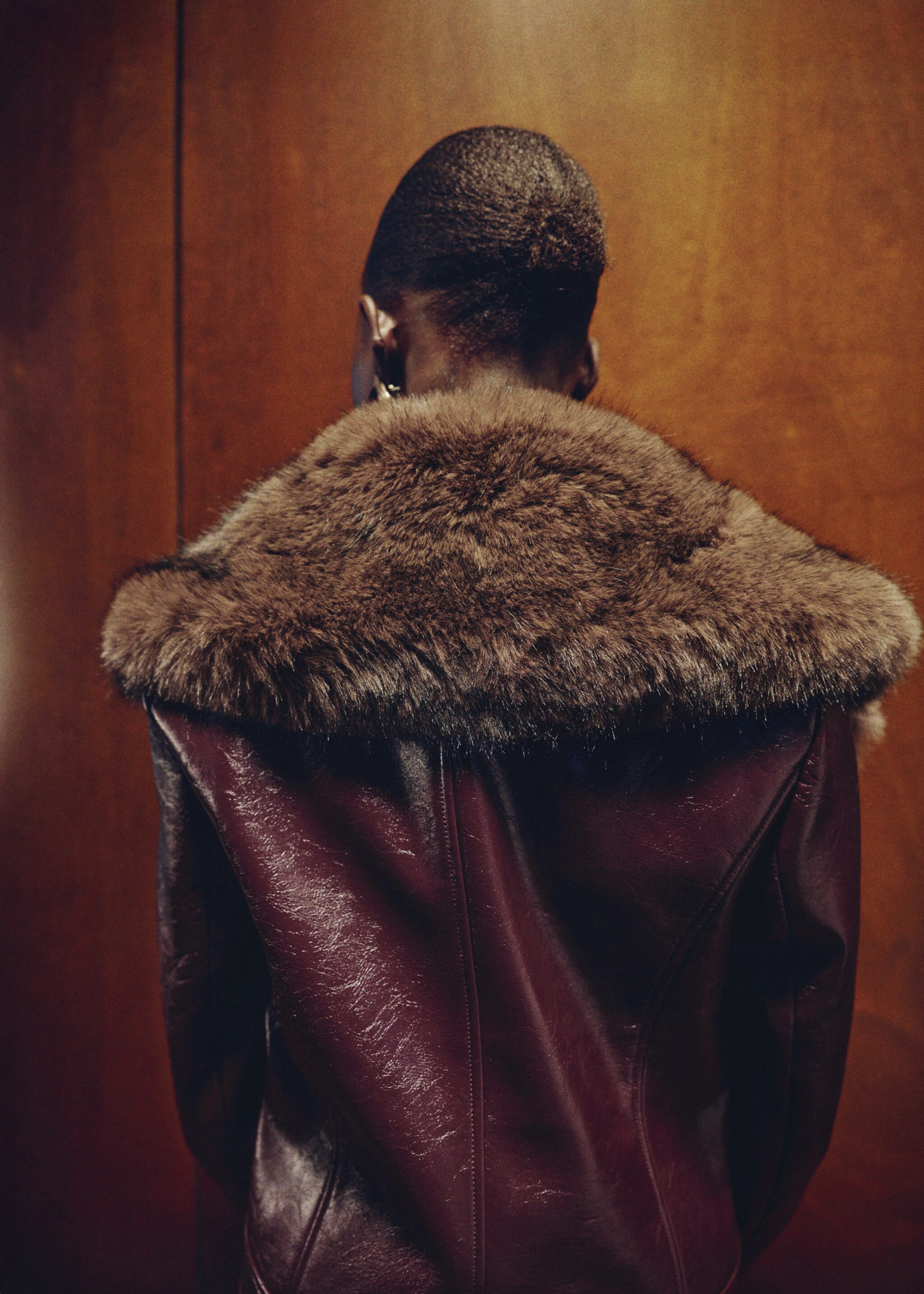 Leather-effect jacket with fur-effect collar - Reverse of the article, Maroon. Ref: 17099101-00.
