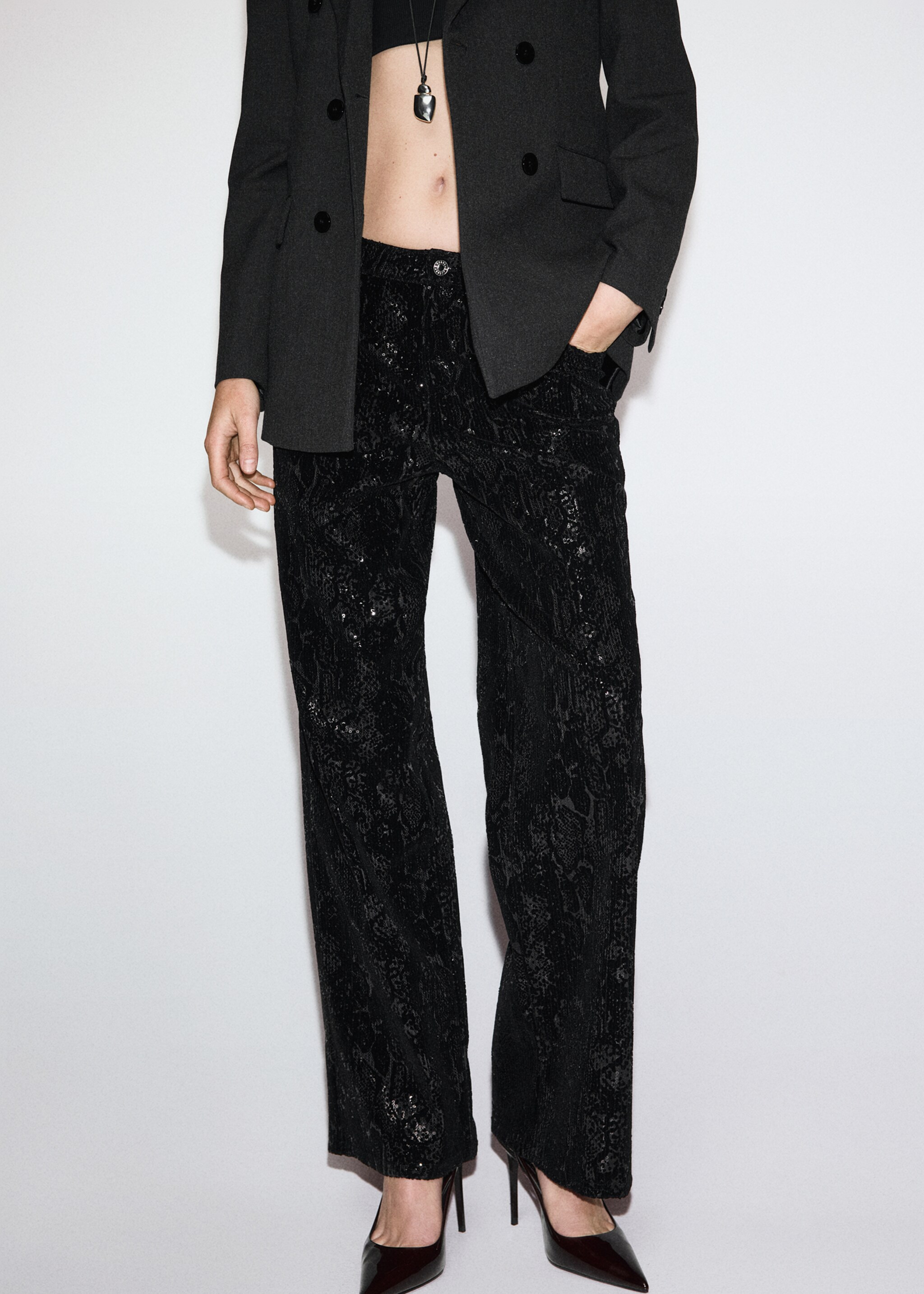 Straight-leg trousers with sequins - Medium plane, Black. Ref: 17099111-00.