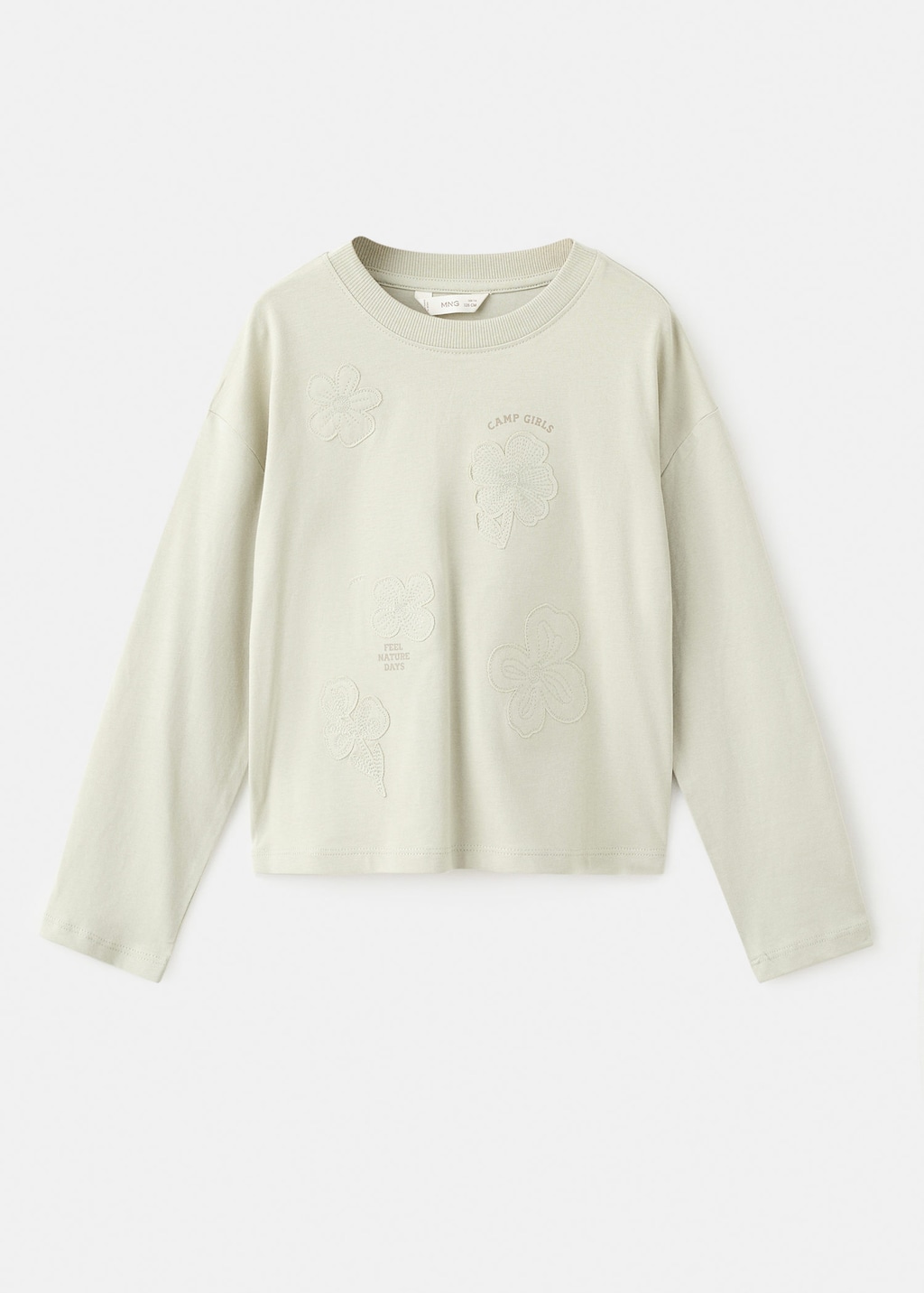 Mango Kids' Embroidered Cotton T-shirt Pastel Green