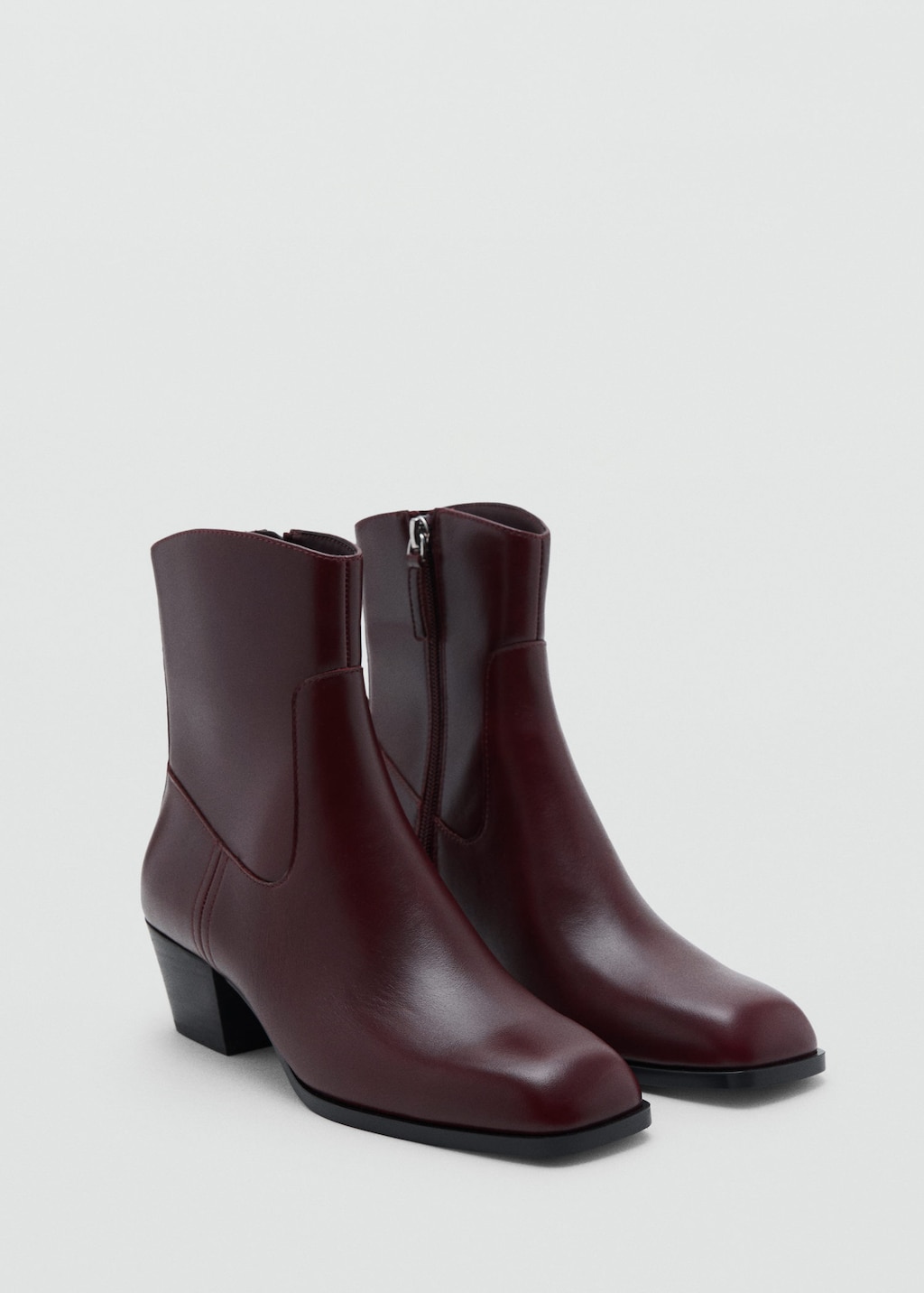 Mango Squared Toe Leather Ankle Boots Burgundy
