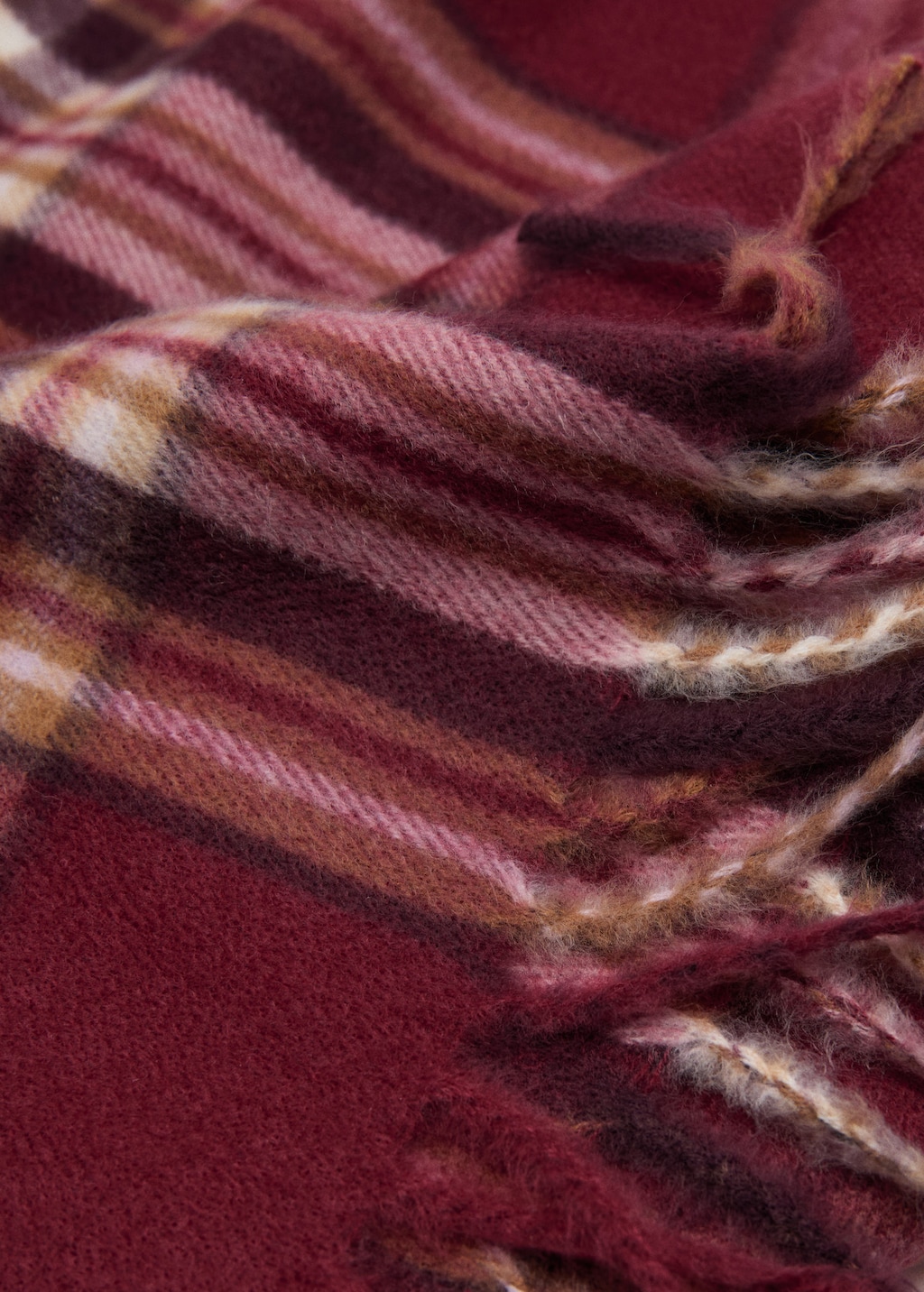 Mango Check Scarf With Fringed Ends Burgundy