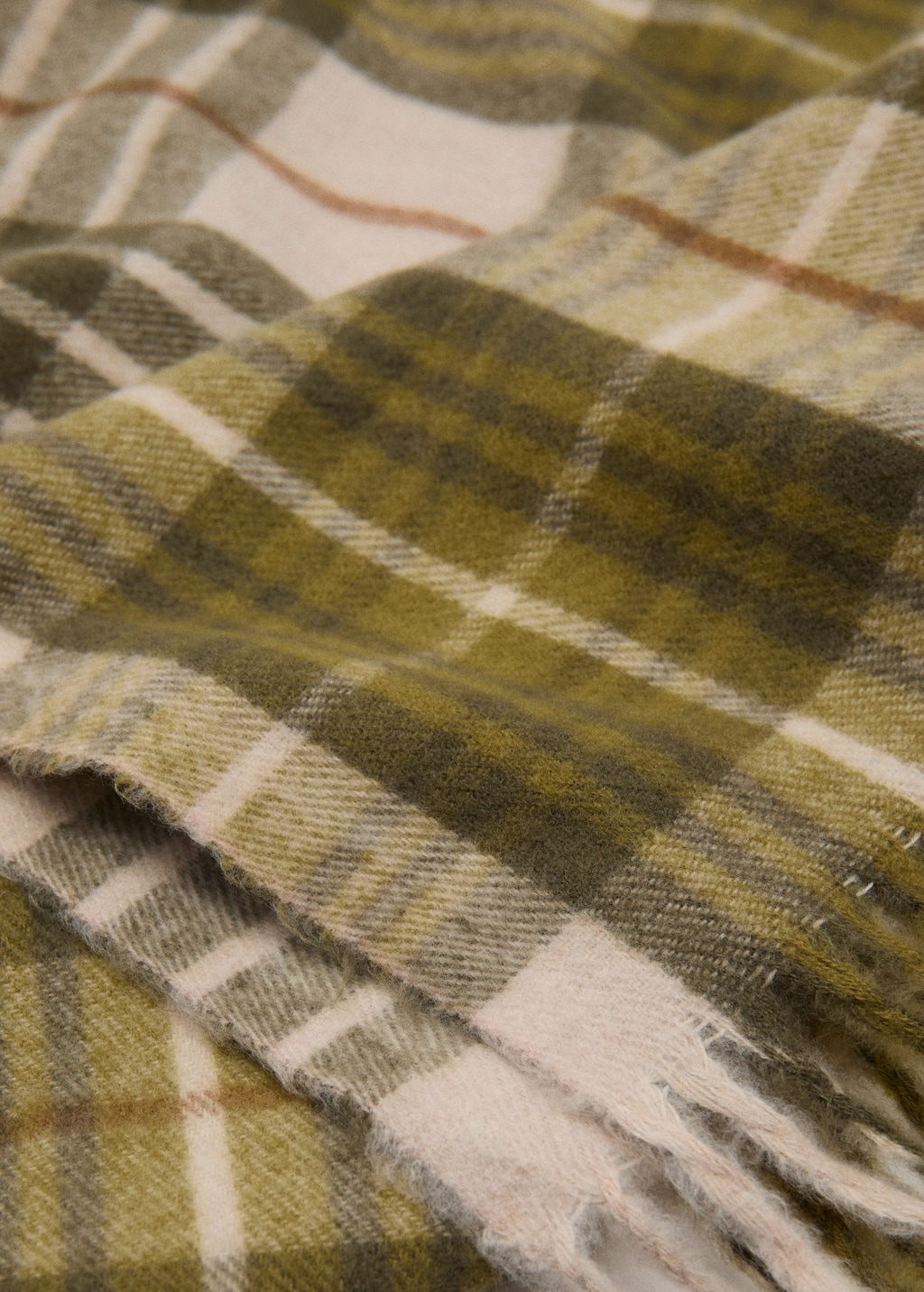Mango Check Scarf With Fringed Ends Khaki In Brown